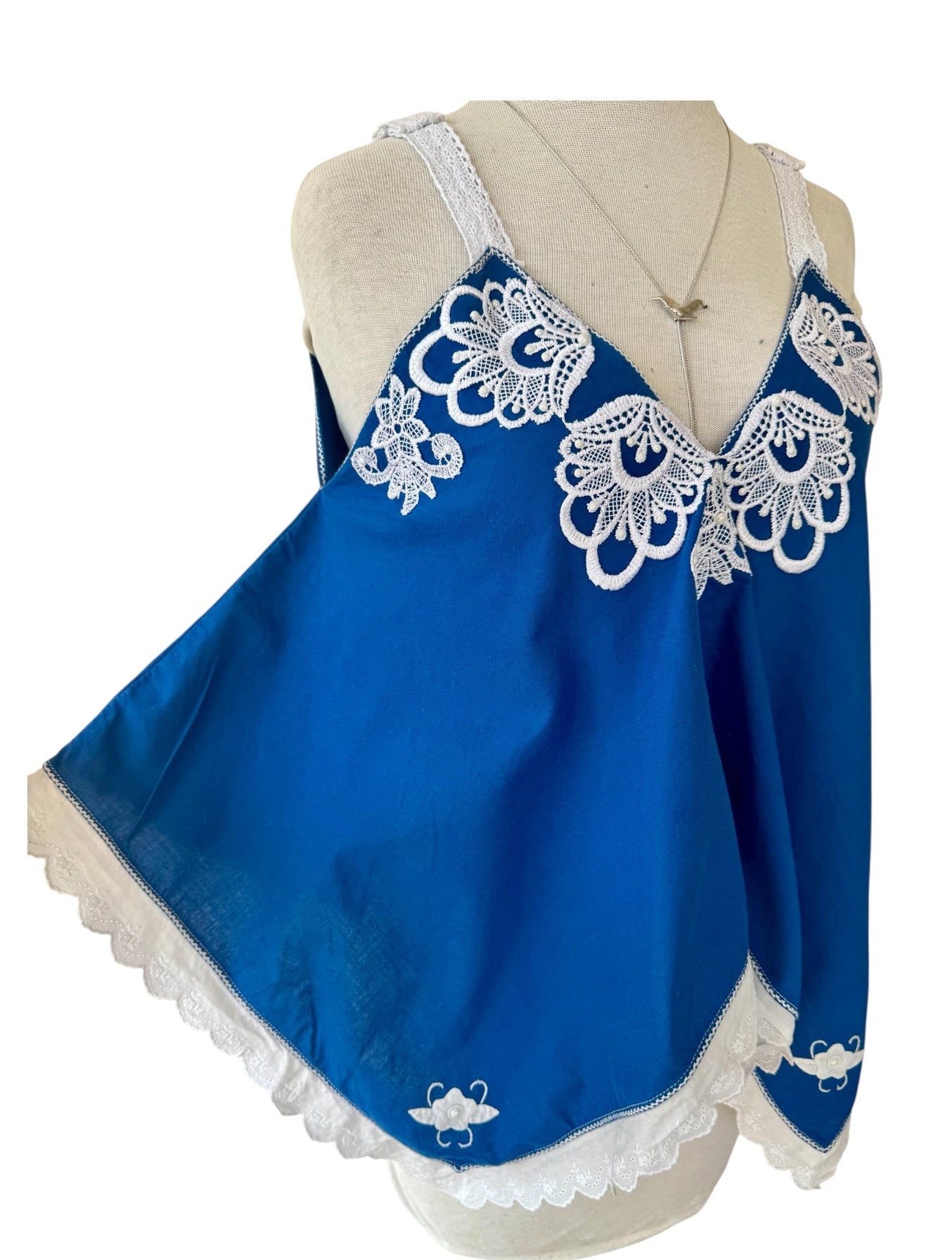 70s Blue Embroidered Floral Beaded Crochet Tank