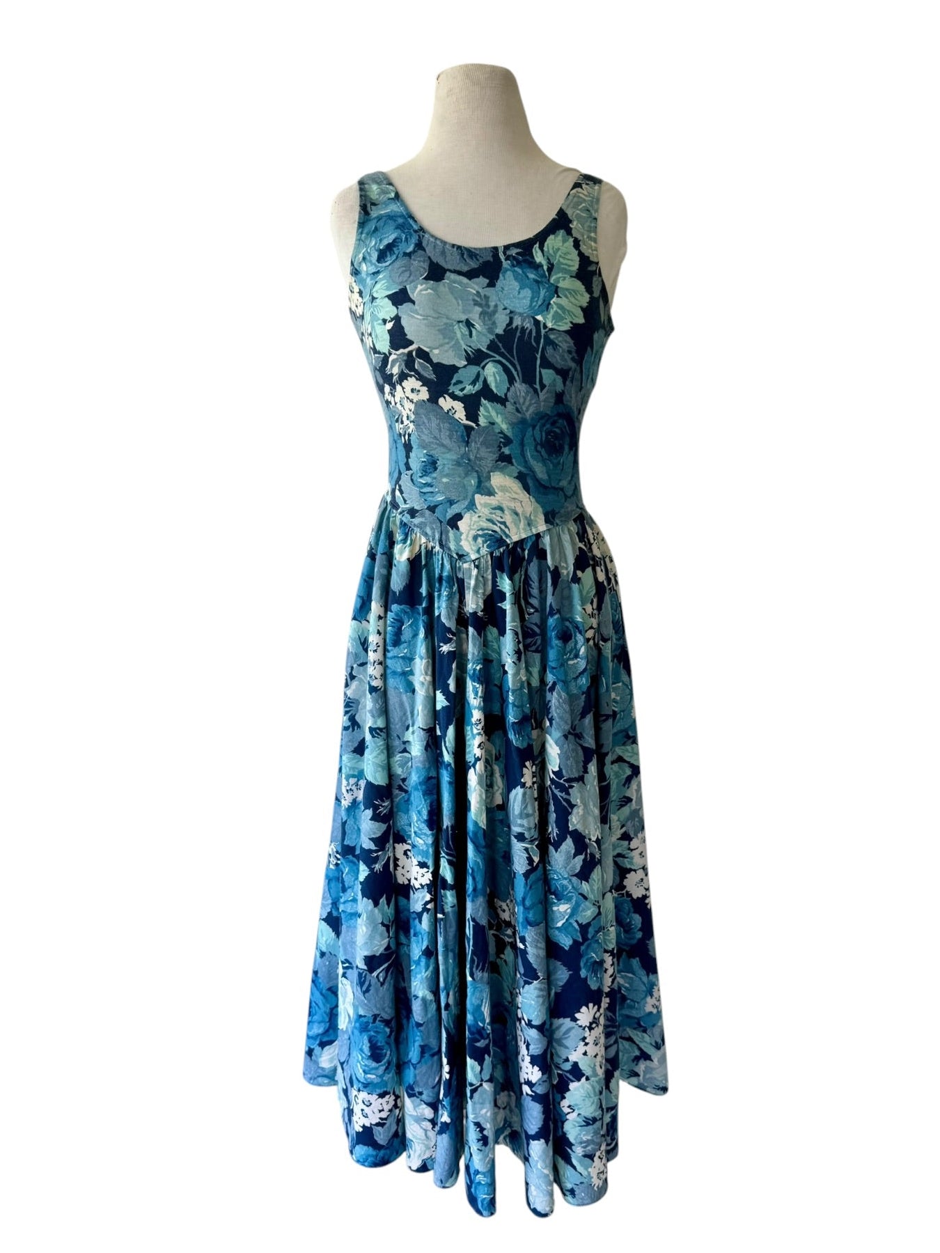 90s Basic Editions Blue Floral Knit Yoke Waist Midi Dress