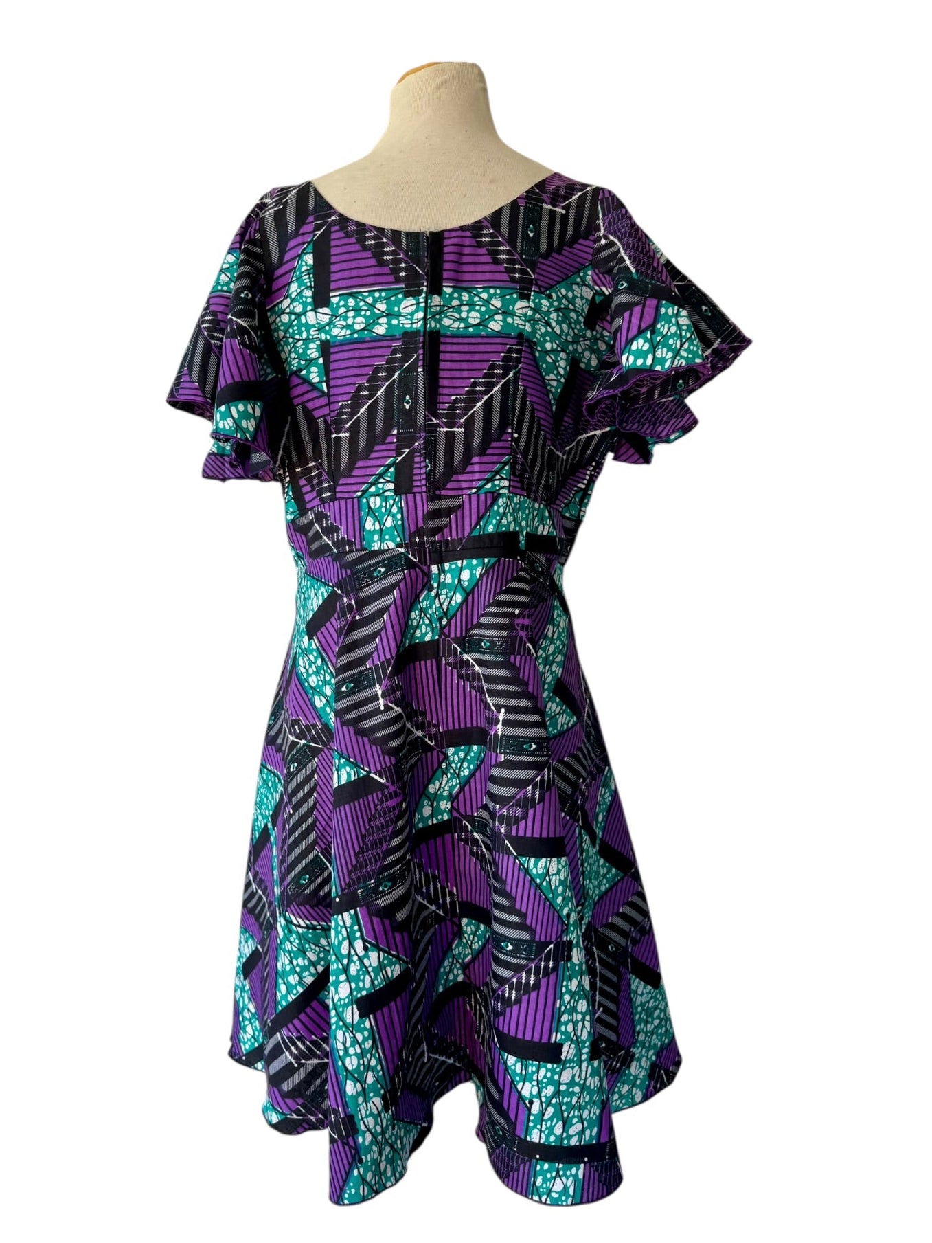 Ankara Wax Print Teal Purple Flounce Dress Handmade New
