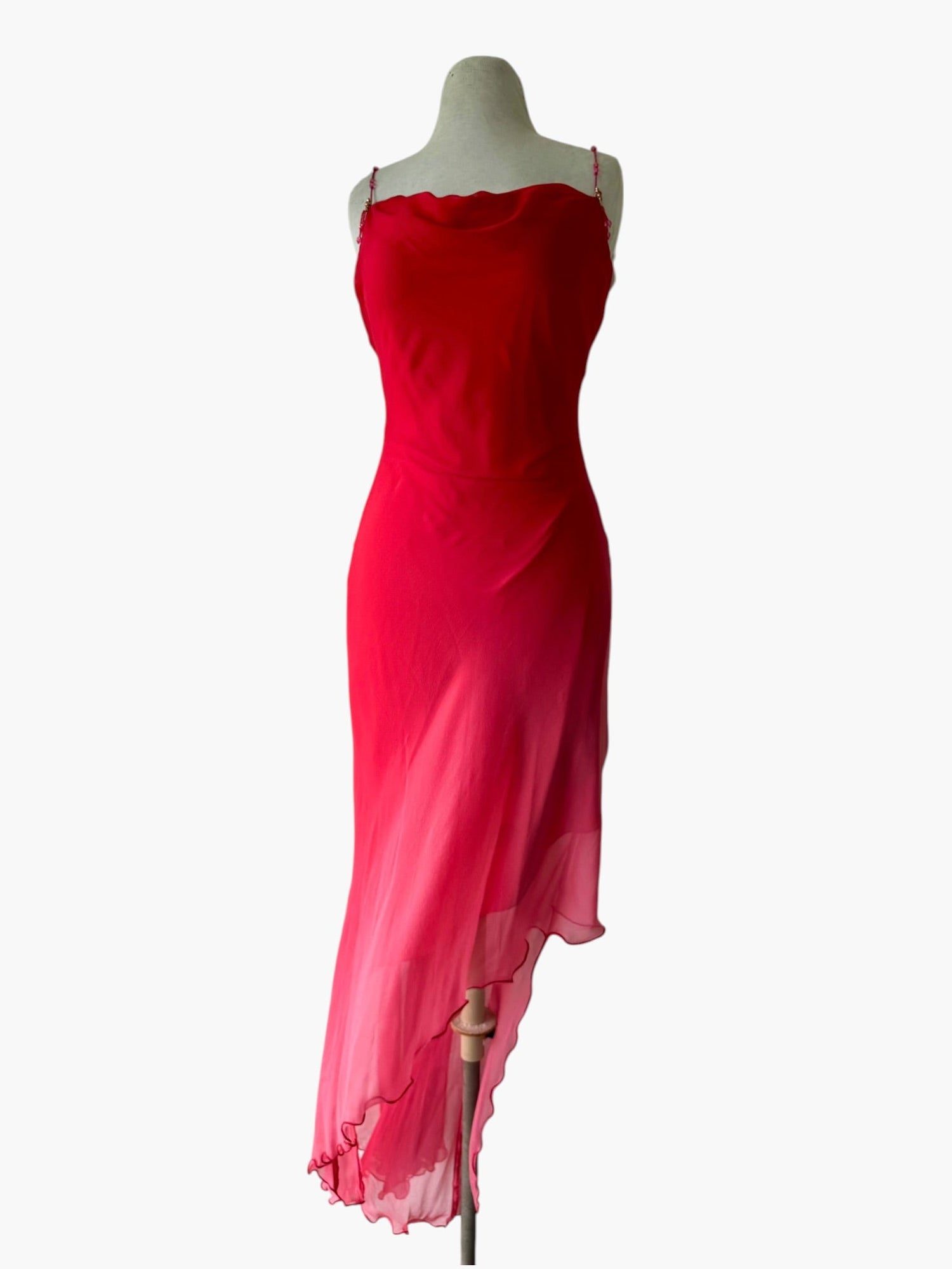 Y2K Cache Red Ombré Cowl Silk Asymmetrical Beaded Dress Sz 6 Whimsy 90s
