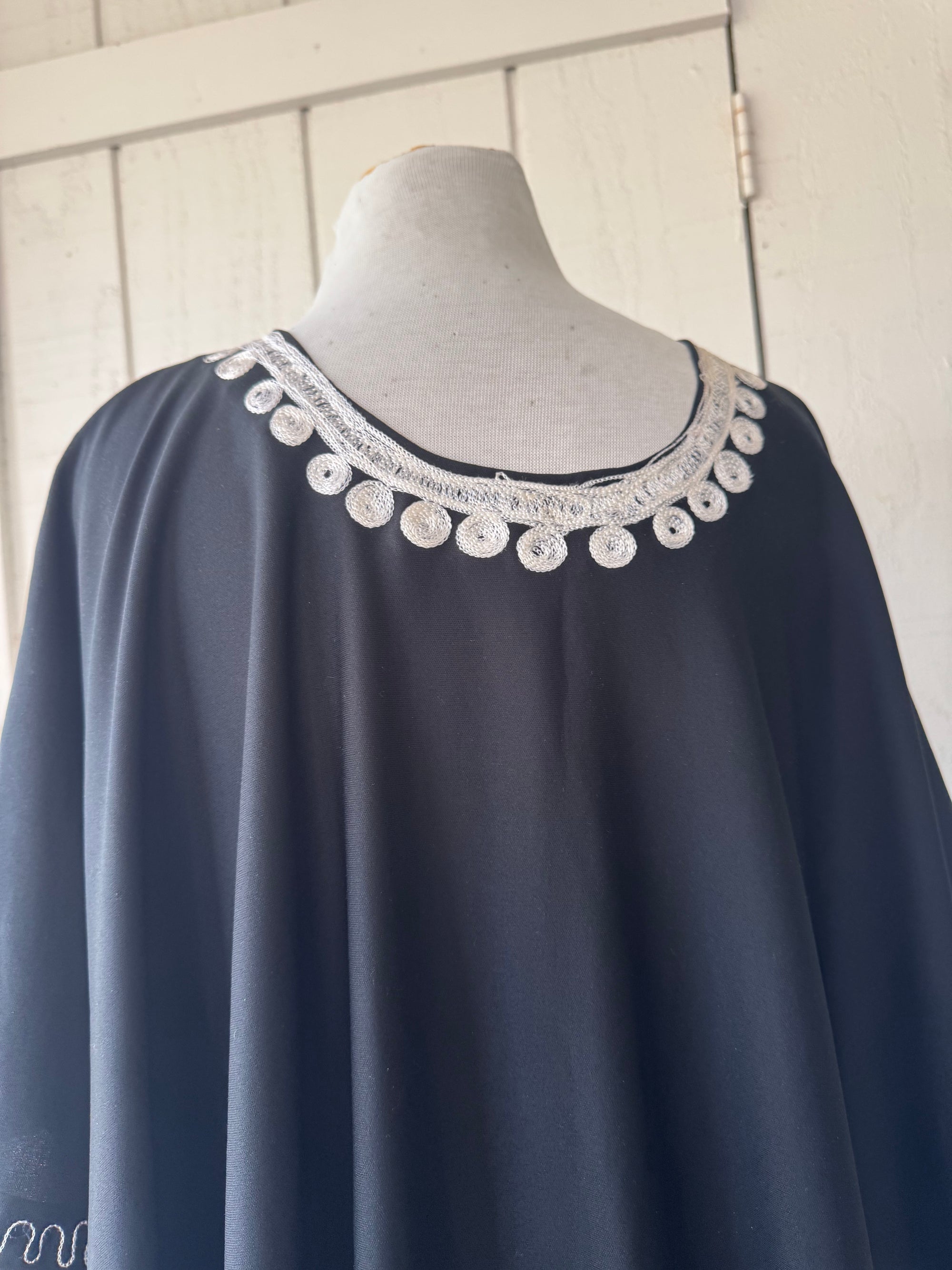 70s Black Embroidered Caftan Poncho OS Maxi Top Cover Up