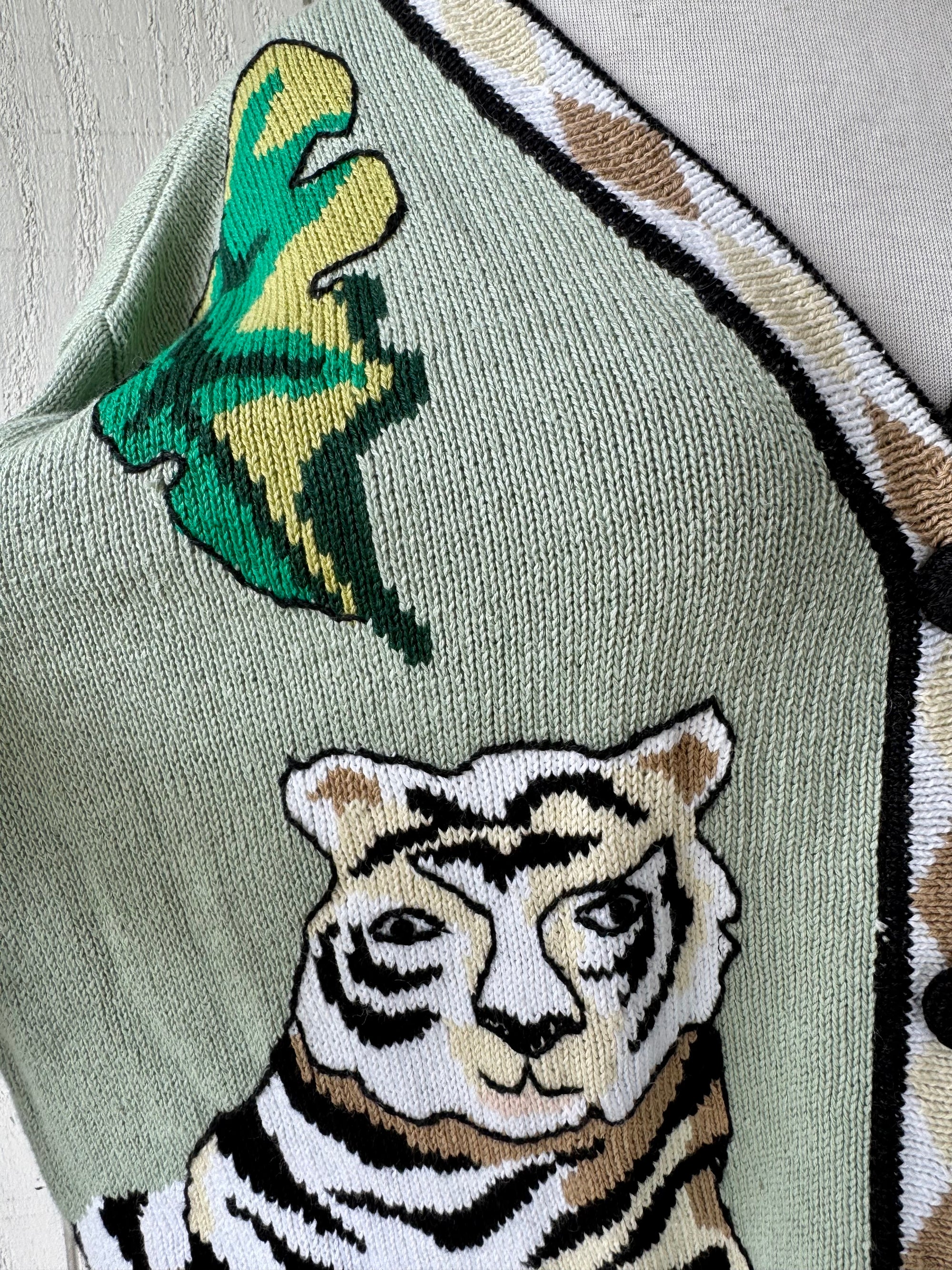 90s Storybook Knits Green Tiger Cardigan Sweater Big Cats