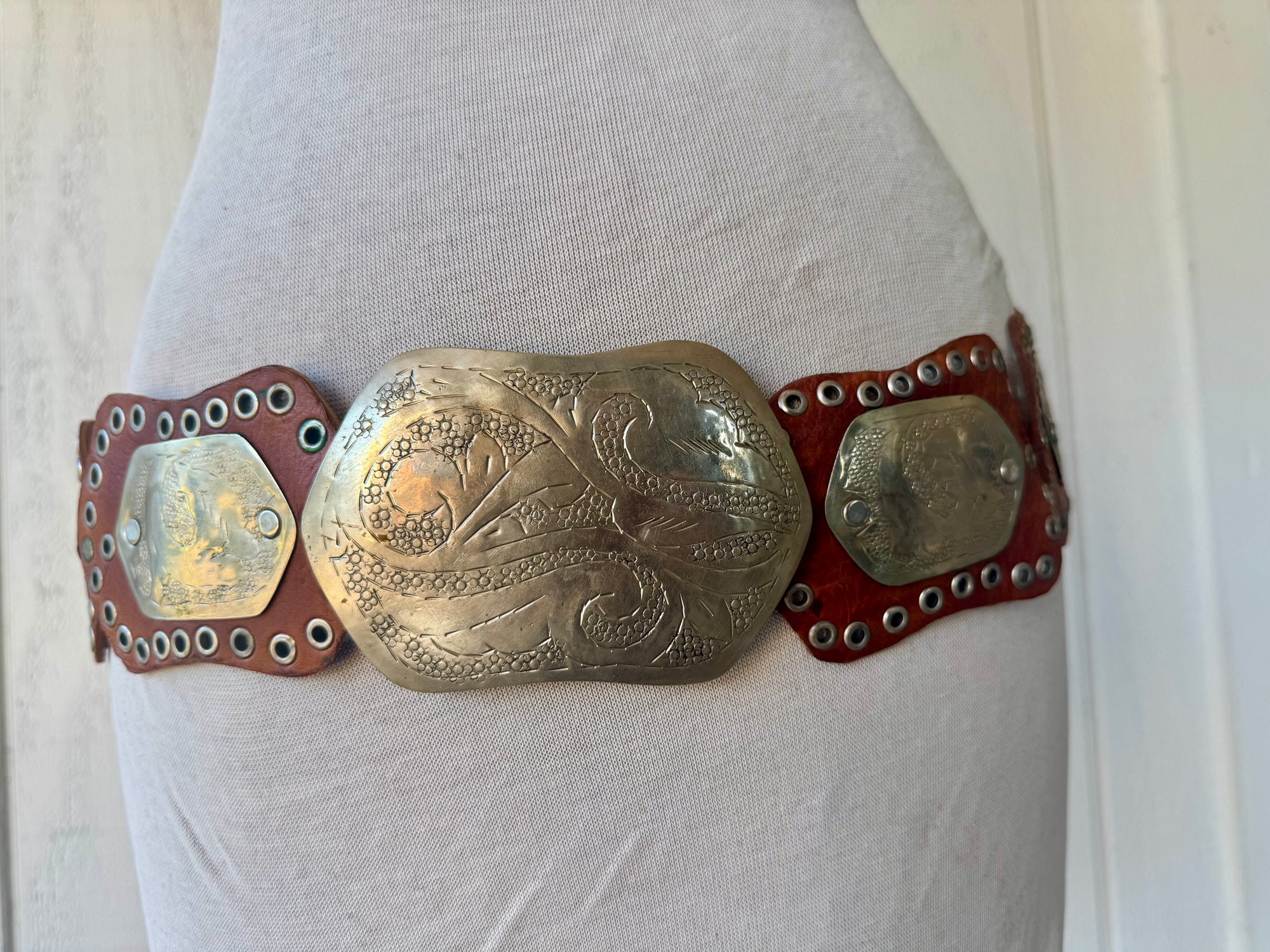 70s Handmade Concho Leather Silver Moroccan Belt Unisex