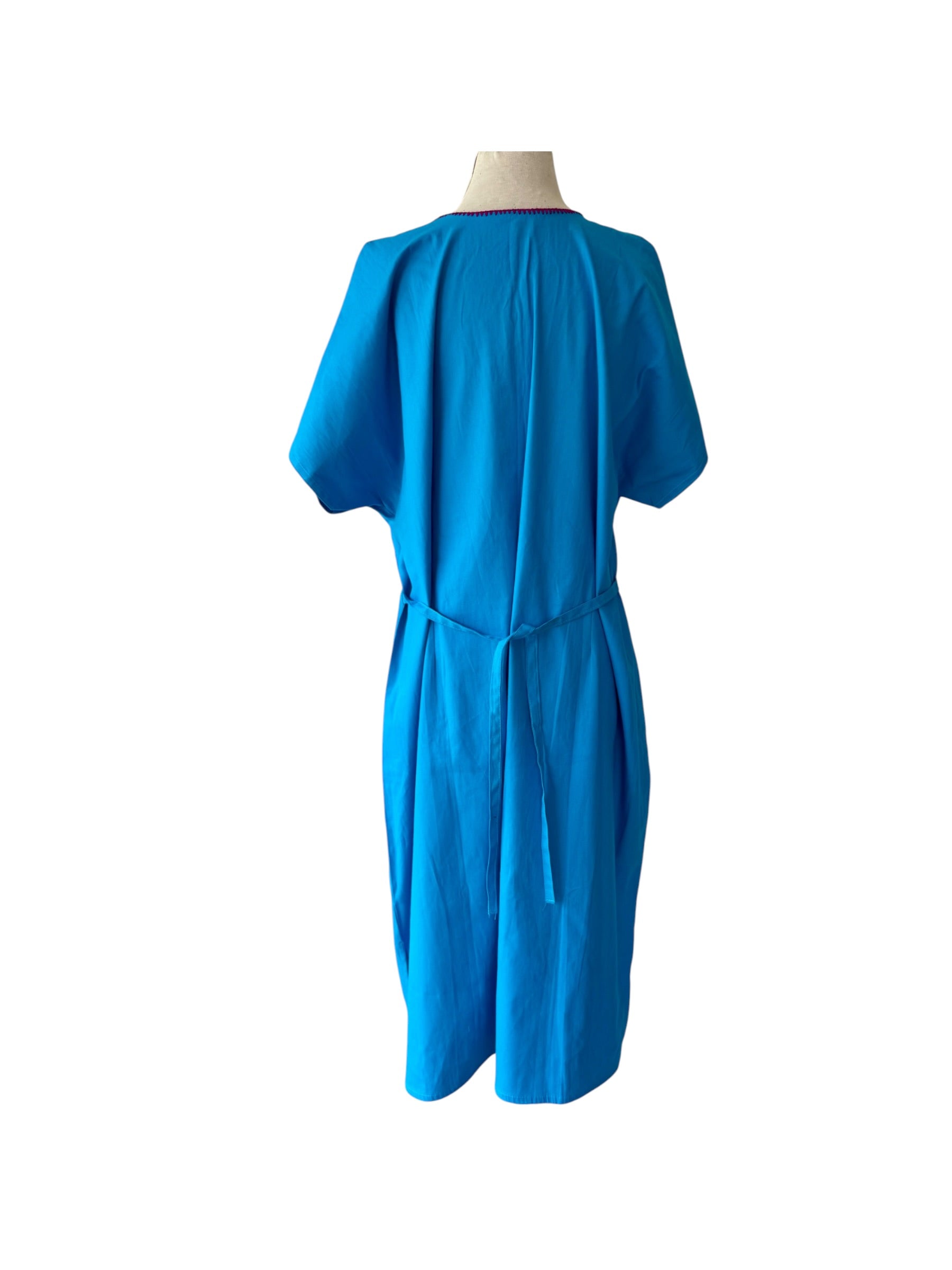 Mexican Oaxacan Hand Embroidered Floral Blue Cotton Dress