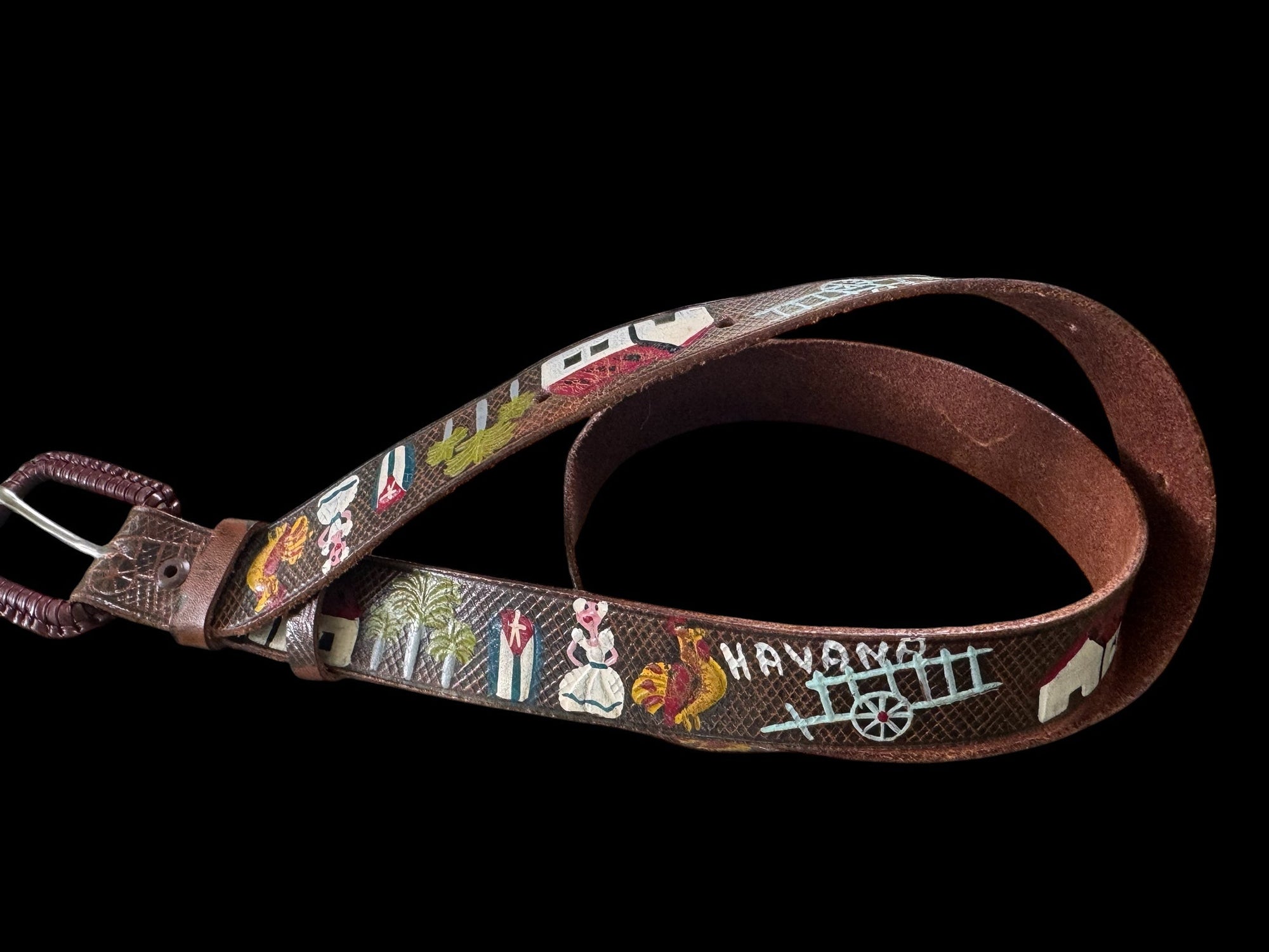 70s Havana Cuba Tooled Leather Hand Painted Belt