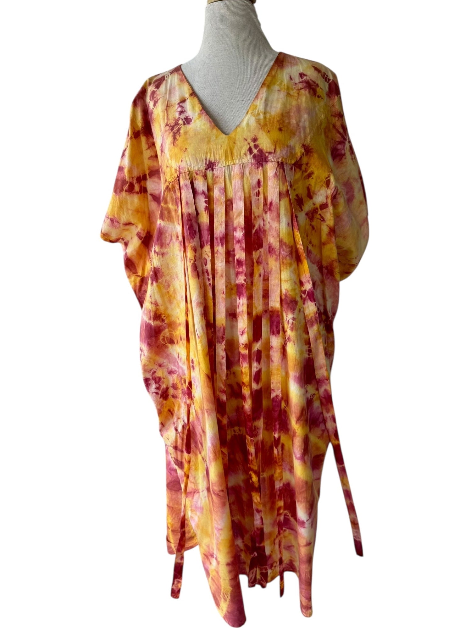 80s Paco Silva Batik Fringe Caftan Dress Tie Dye