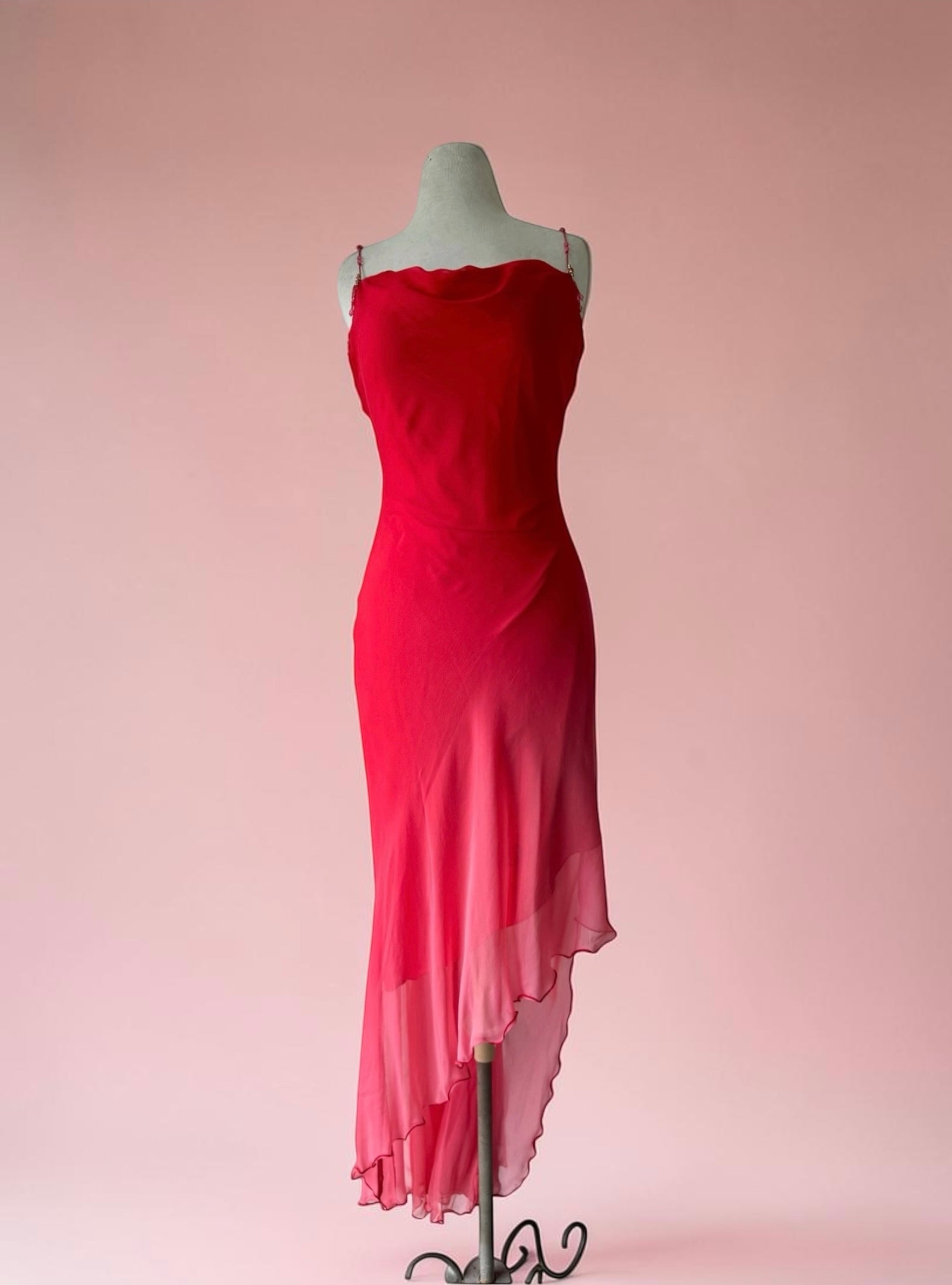 Y2K Cache Red Ombré Cowl Silk Asymmetrical Beaded Dress Sz 6 Whimsy 90s