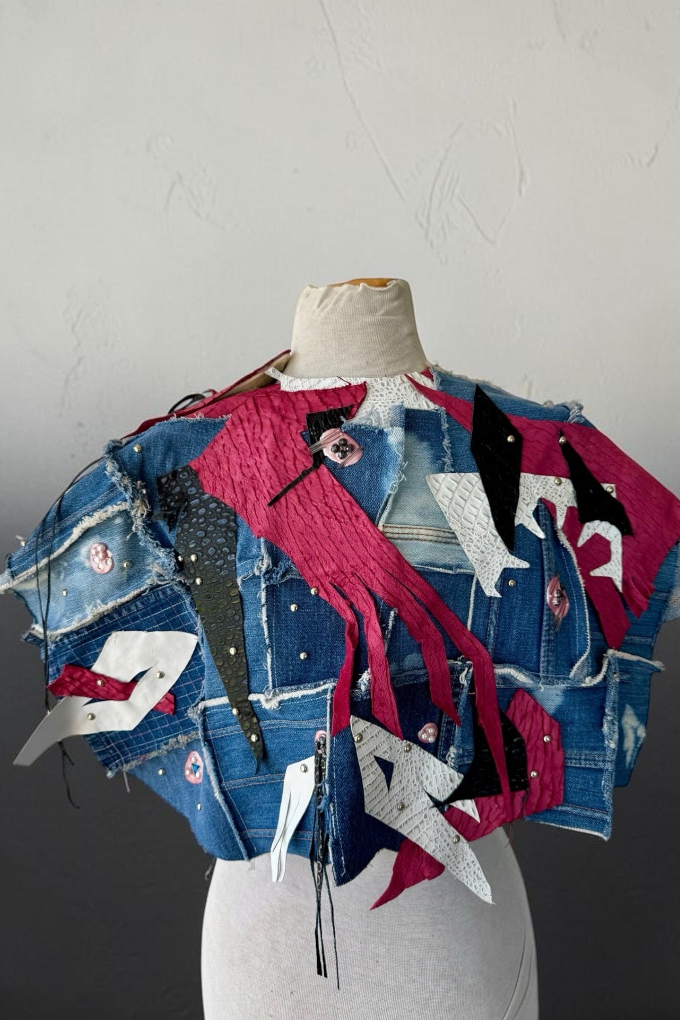 90s Patchwork Denim Poncho Handmade Studs Leather Art Wear