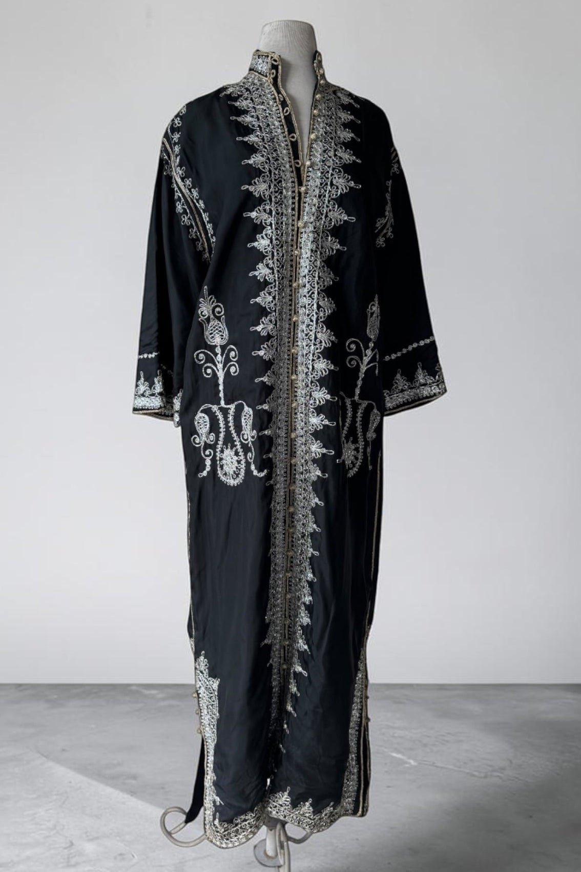 70s Moroccan Black Kaftan Silver Embroidery Dress Bell Sleeve Archival Robe