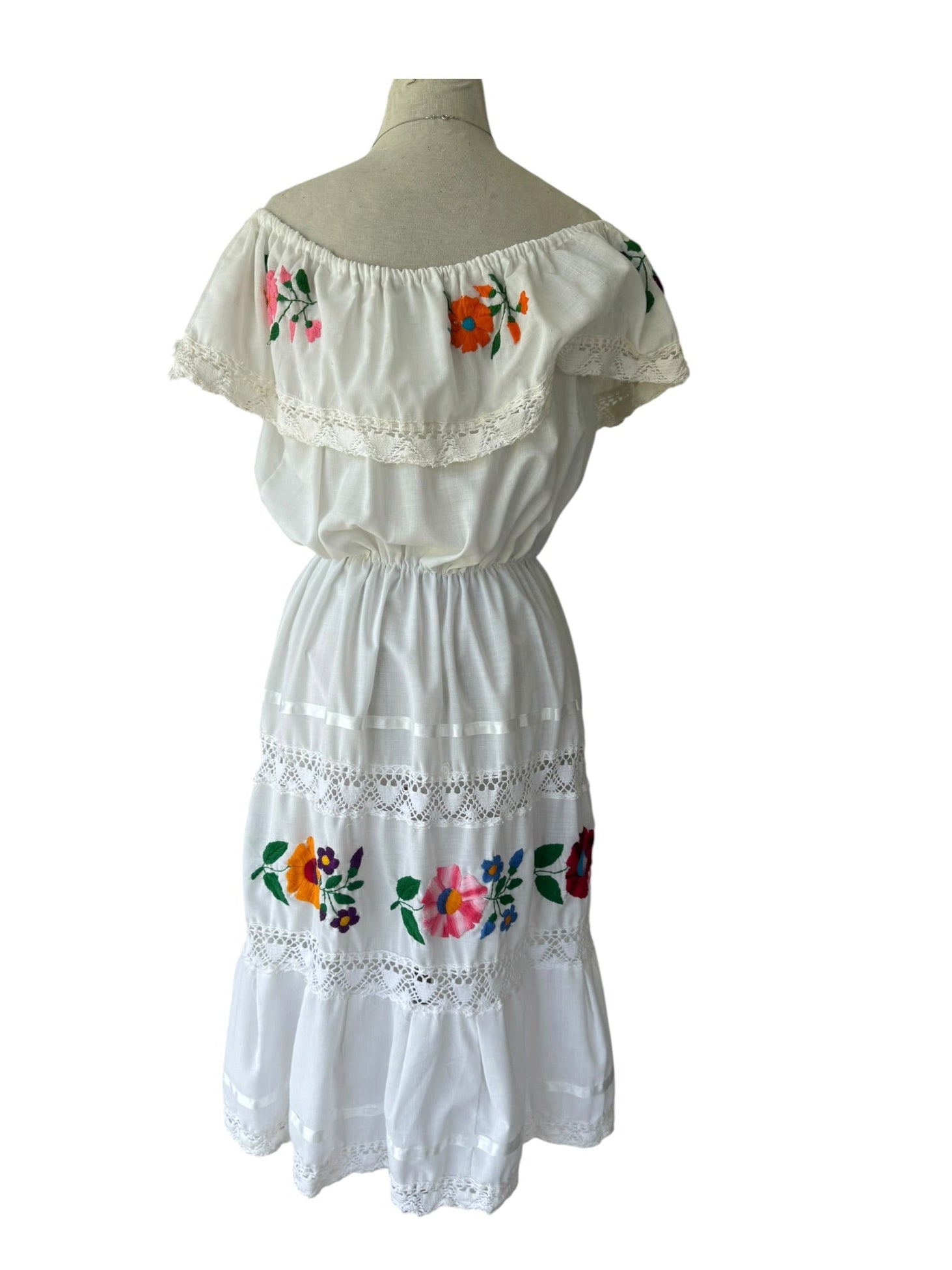 80s White Floral Embroidered Campesina Mexican Peasant Dress Off Shoulder
