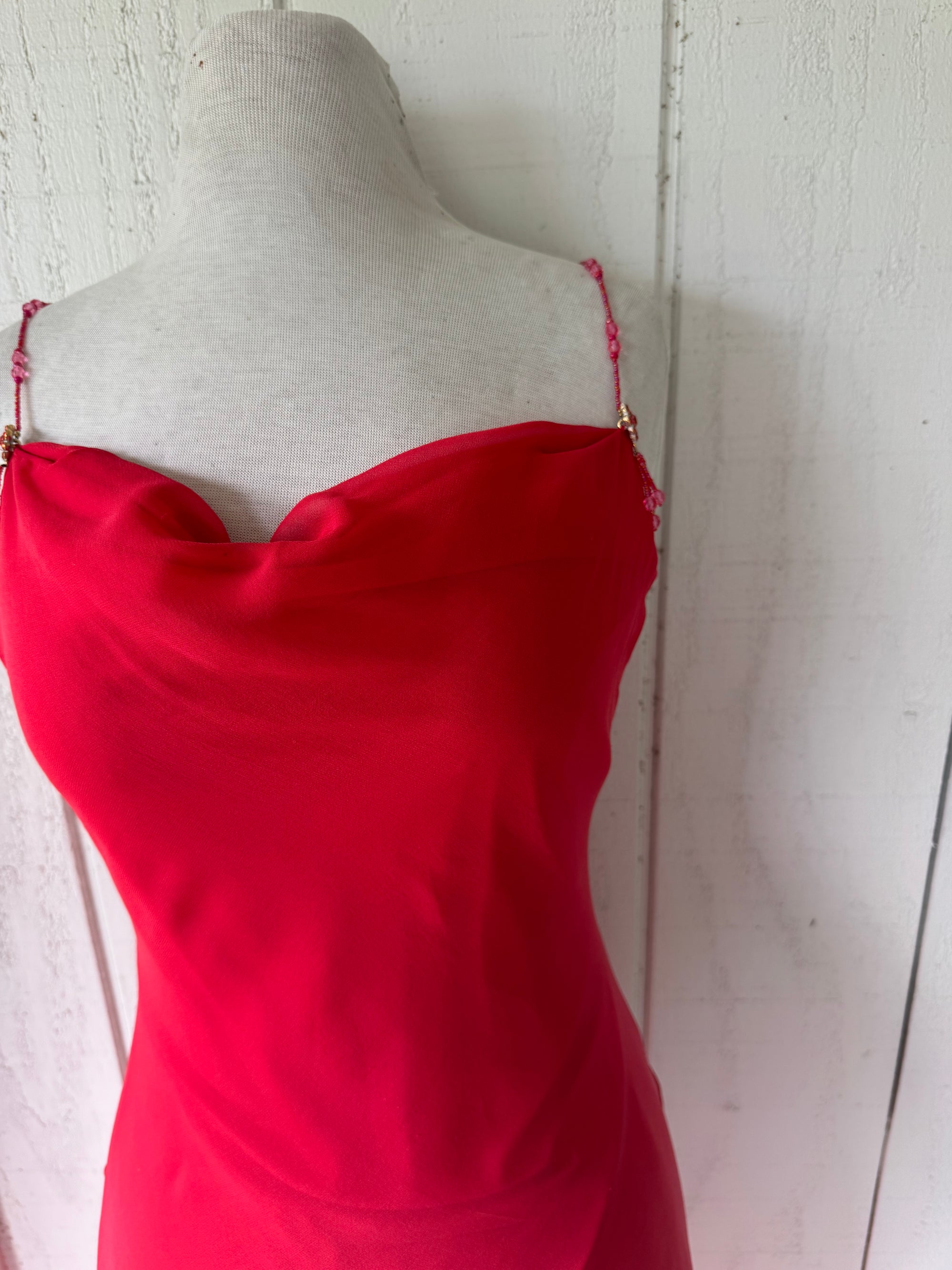 Y2K Cache Red Ombré Cowl Silk Asymmetrical Beaded Dress Sz 6 Whimsy 90s