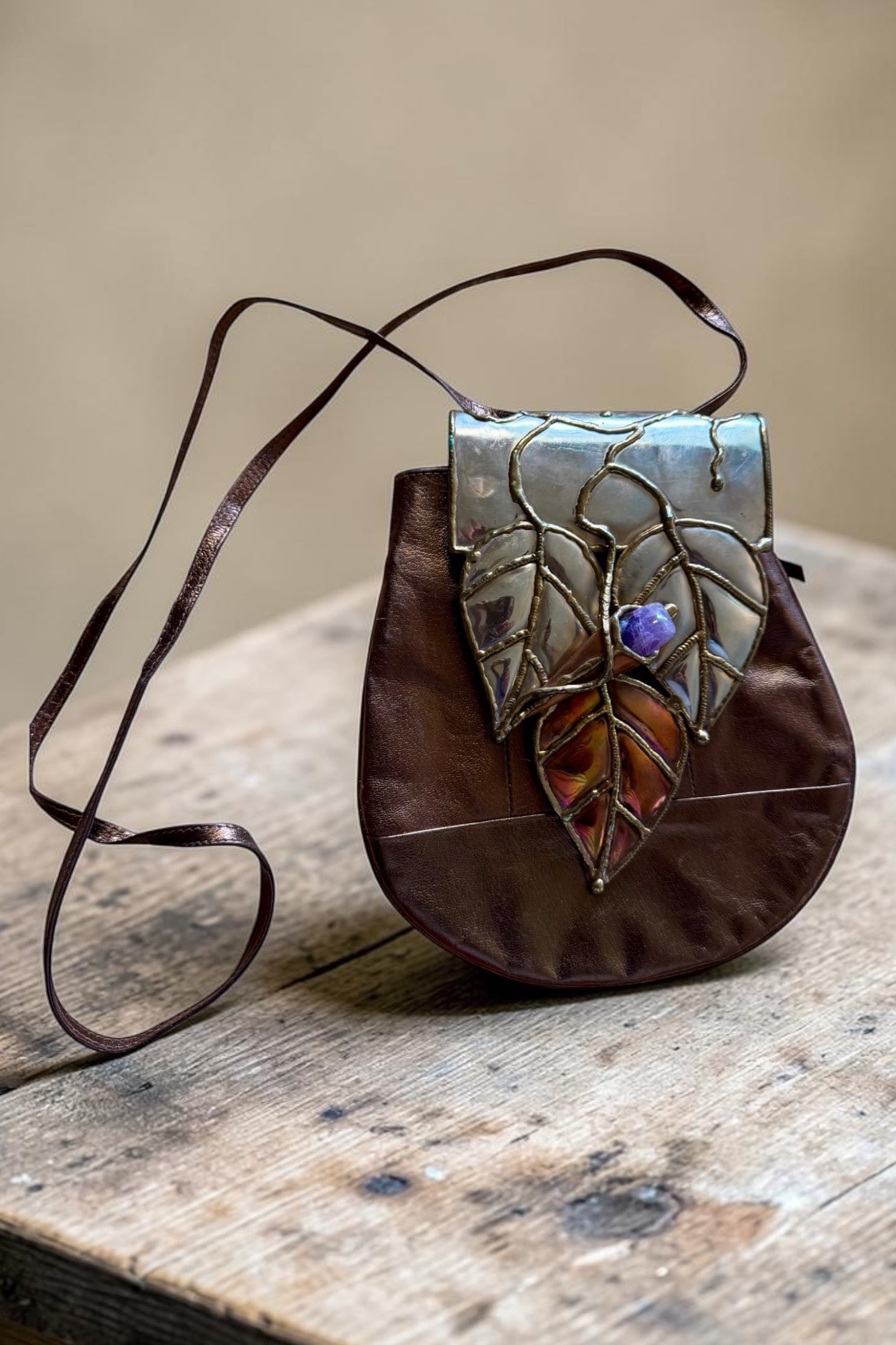 70s Brutalist Sculptural Brass Copper Pewter Gemstone Leather Crossbody Bag