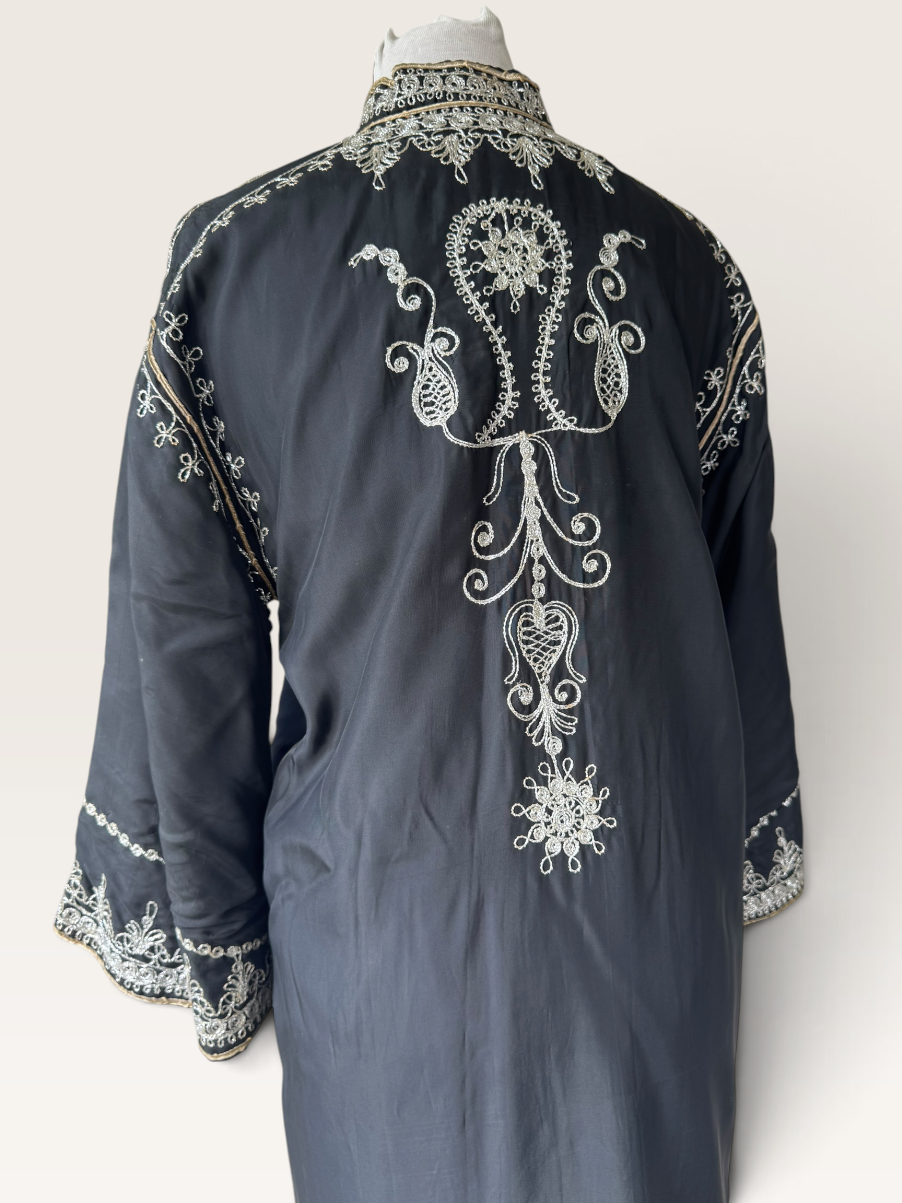 70s Moroccan Black Kaftan Silver Embroidery Dress Bell Sleeve Archival Robe