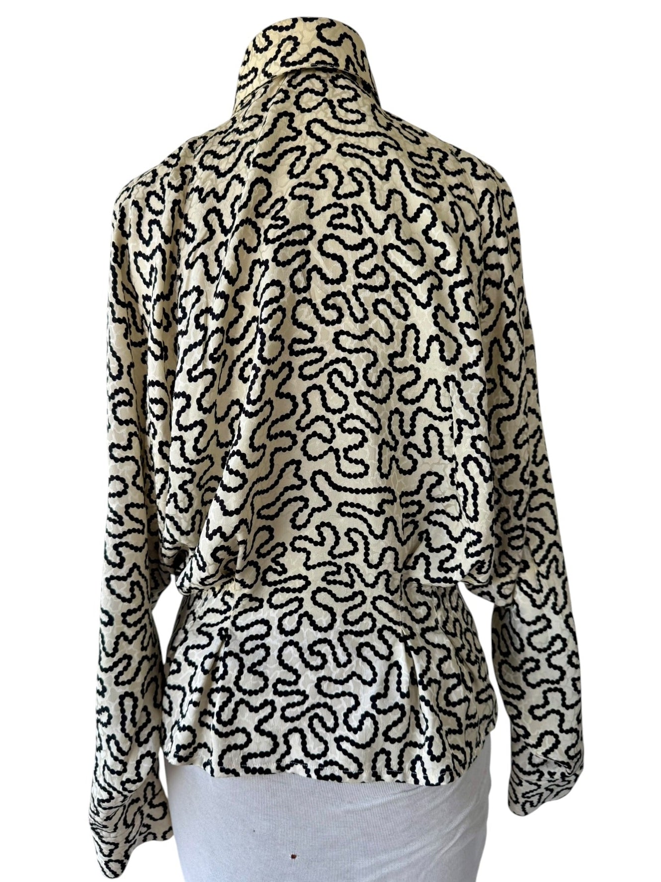 80s Francesca of Damon Silk Pearl Print Blouse Sz 10 Dolman Pleats