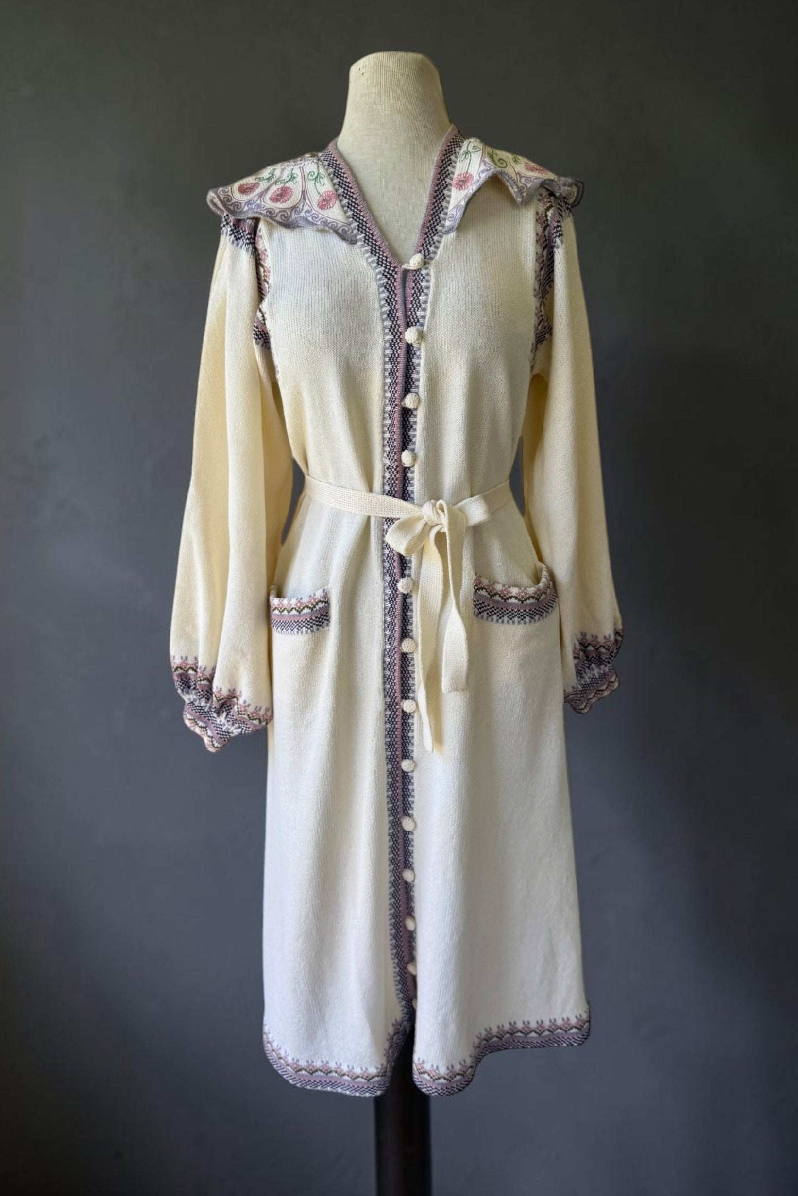 80s Lillie Rubin Santana Knit Embroidered Floral Sweater Dress/ Robe As Is