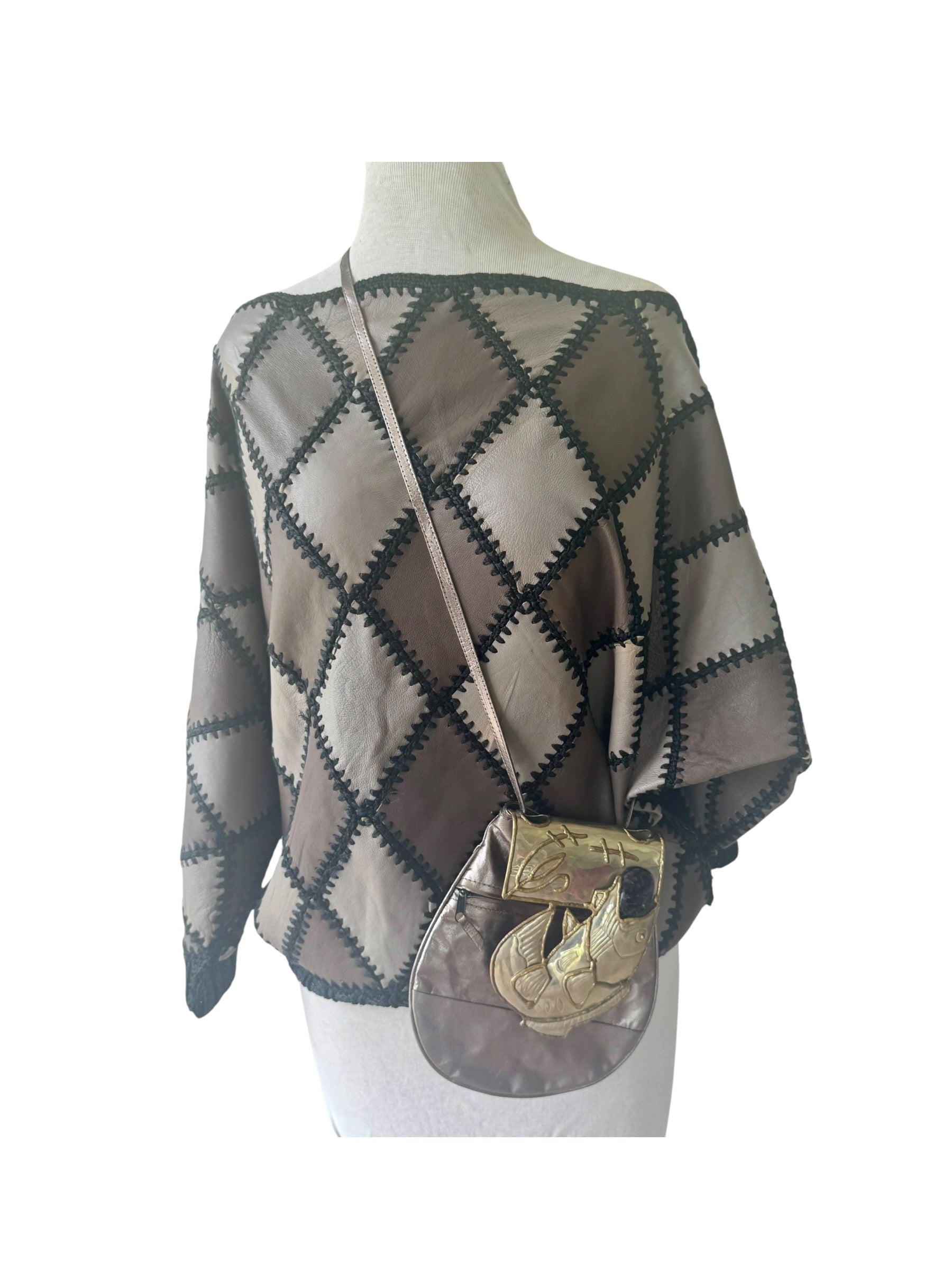 70s Brutalist Sculptural Brass Fish Pewter Gemstone Leather Crossbody Bag