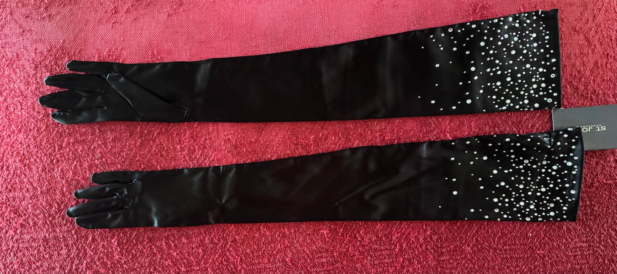 90s St John Black Satin Opera Length Gloves Rhinestones Sz 7 Formal NWT