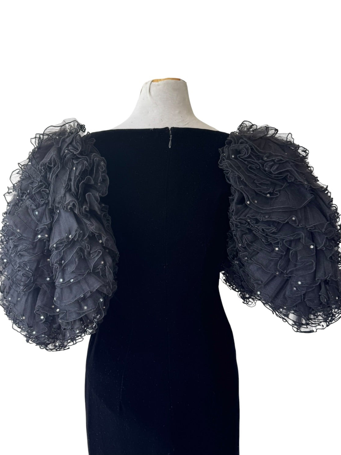 80s Oscar De La Renta Black Velvet Gown 8 Rhinestone Voluminous Sleeves NWT
