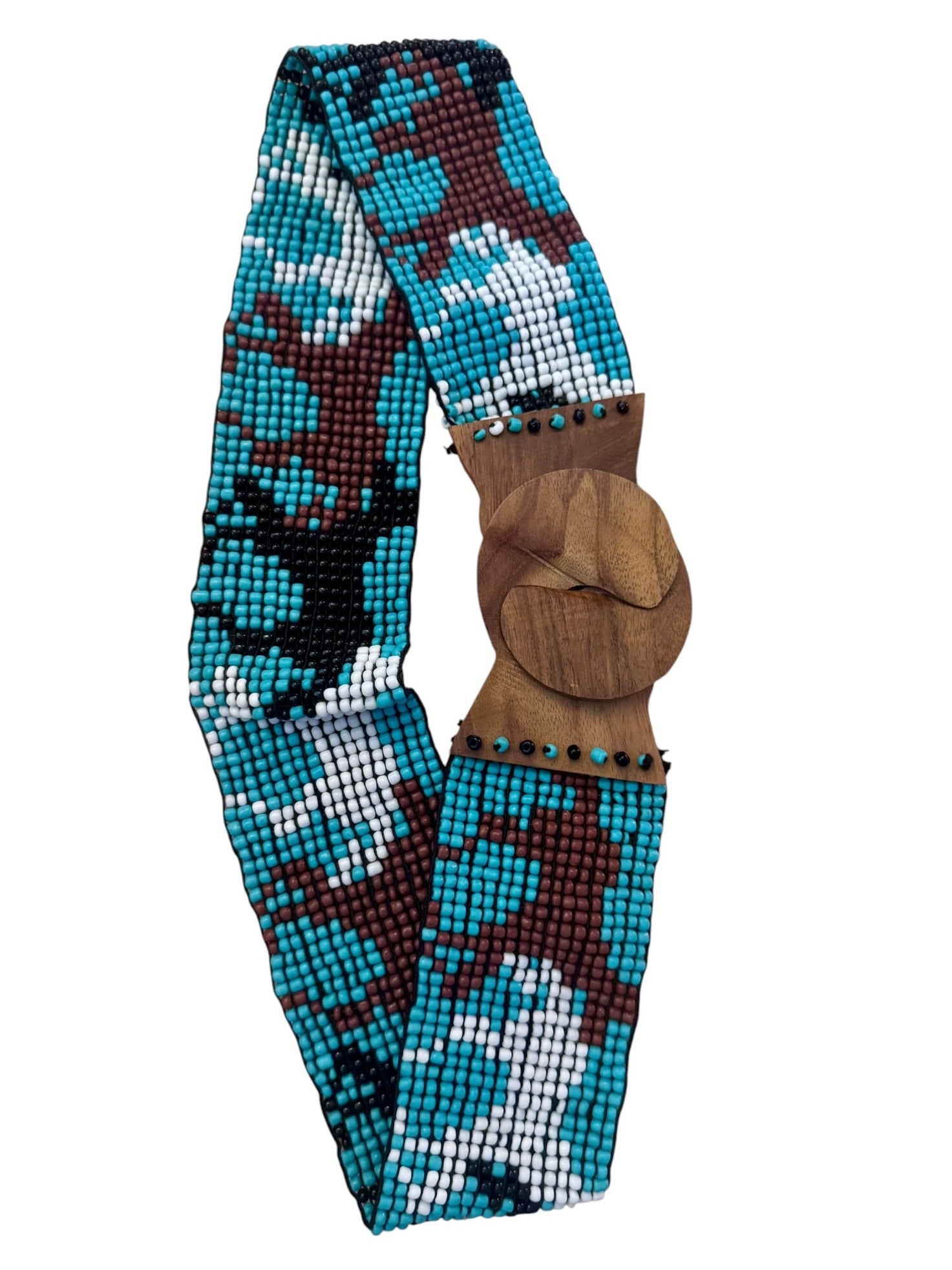 90s Seed Bead Horses Belt Western Stretch Waist OS Wood Clasp