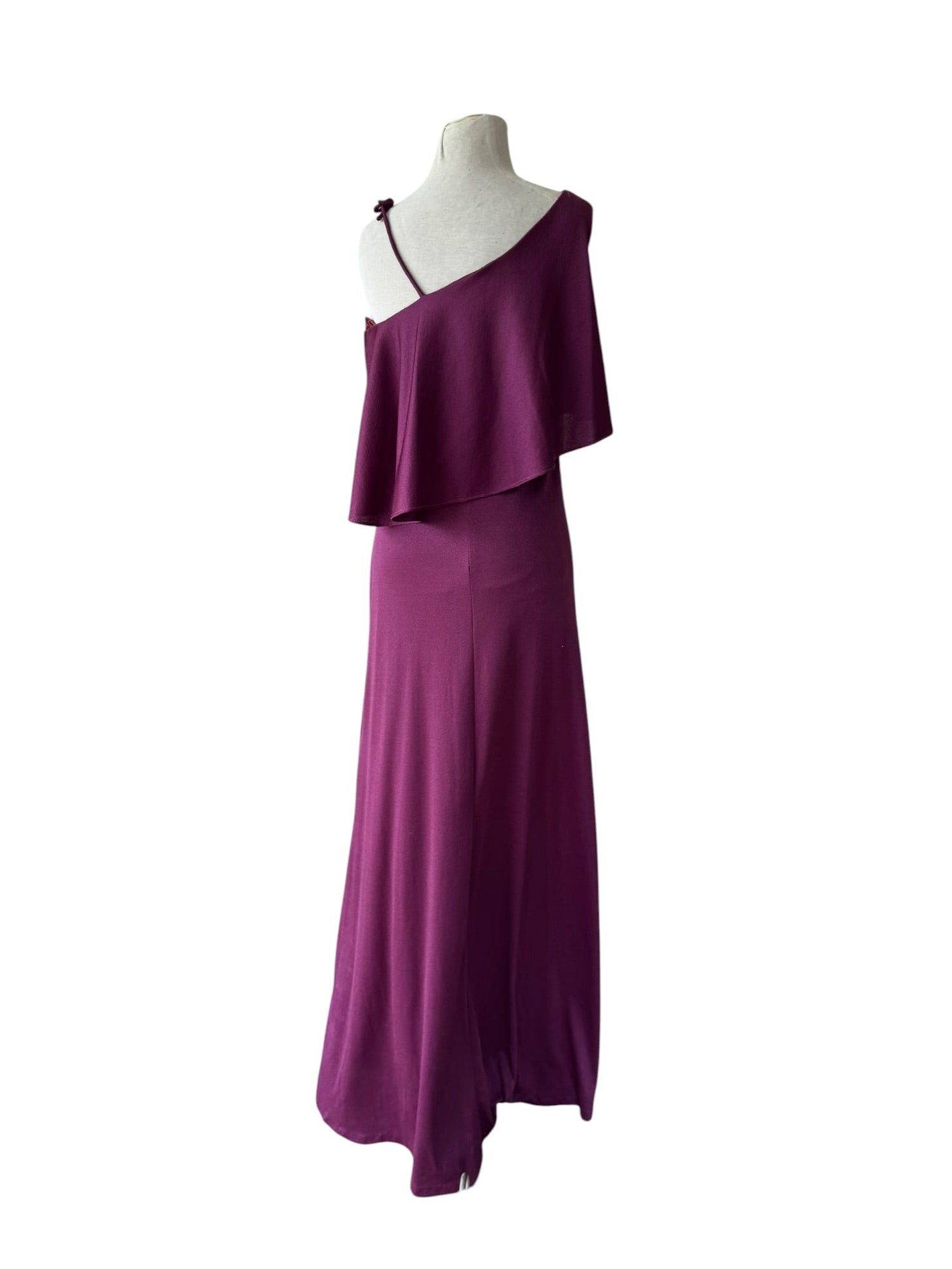 70s Plum One Shoulder Ruffle Maxi Dress