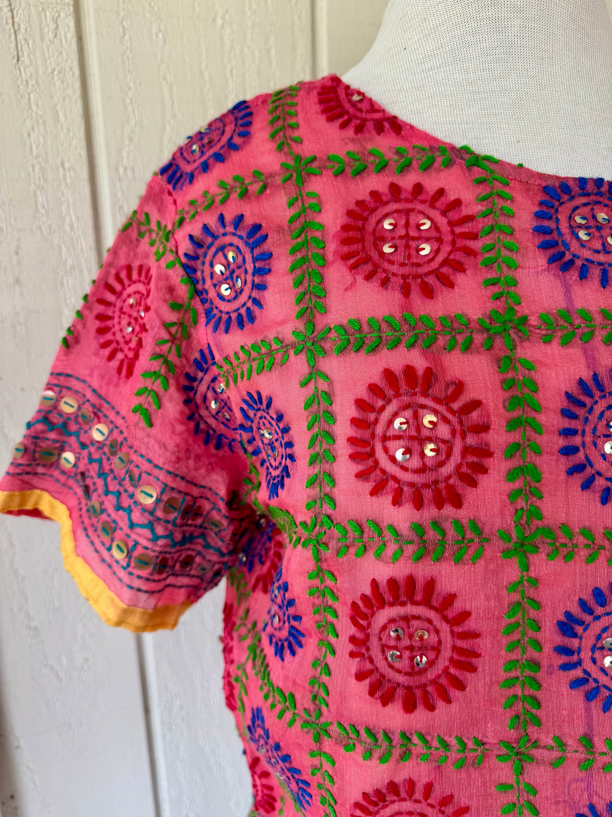 Kutch Embroidered Mirror Work Pink Multi Tunic Gujarat India Keyhole
