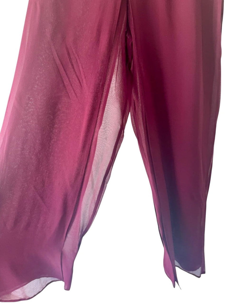 90s Tadashi Plum Silk Chiffon Sheer Wide Leg Palazzo Pants