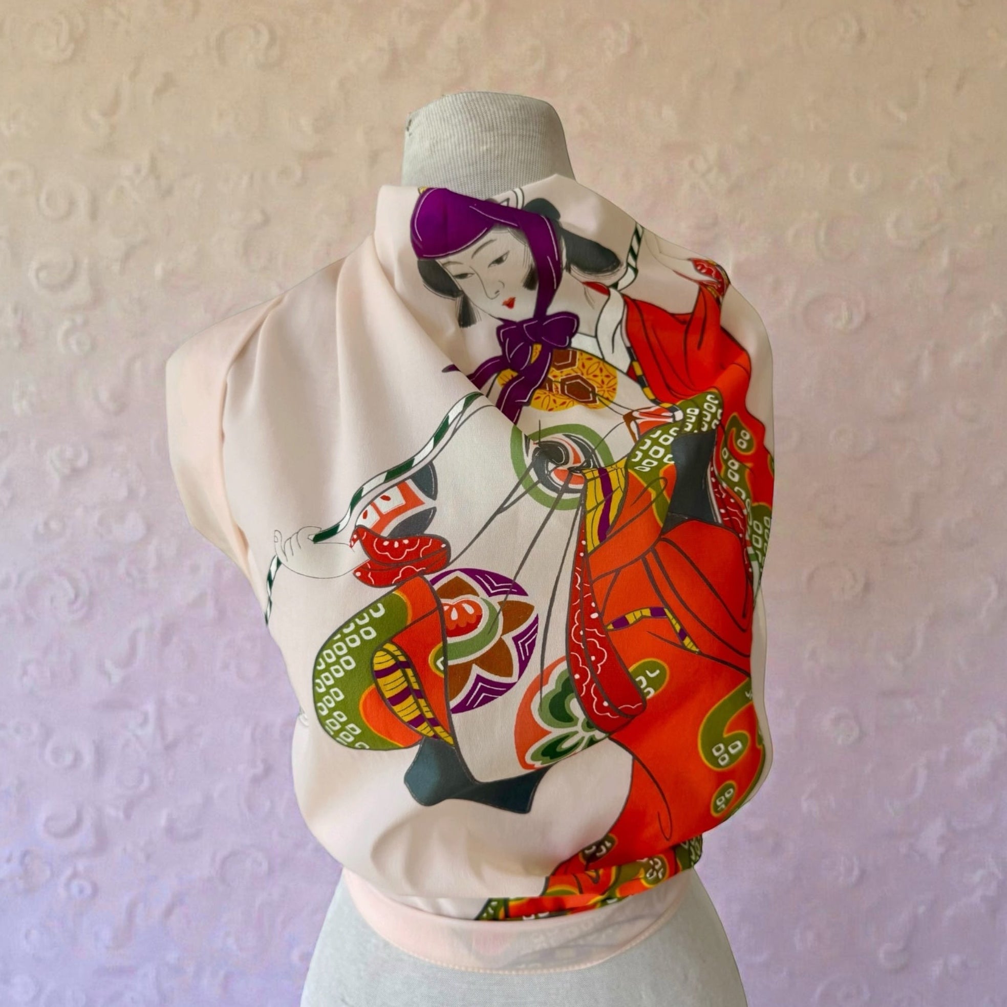 70s Japanese Pink Geisha in Red Kimono Scarf 80s