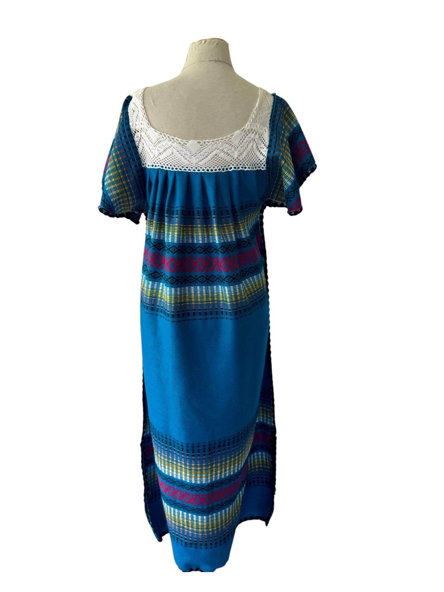 70s Ecuadorian Blue Embroidered Blanket Peasant Dress Caftan