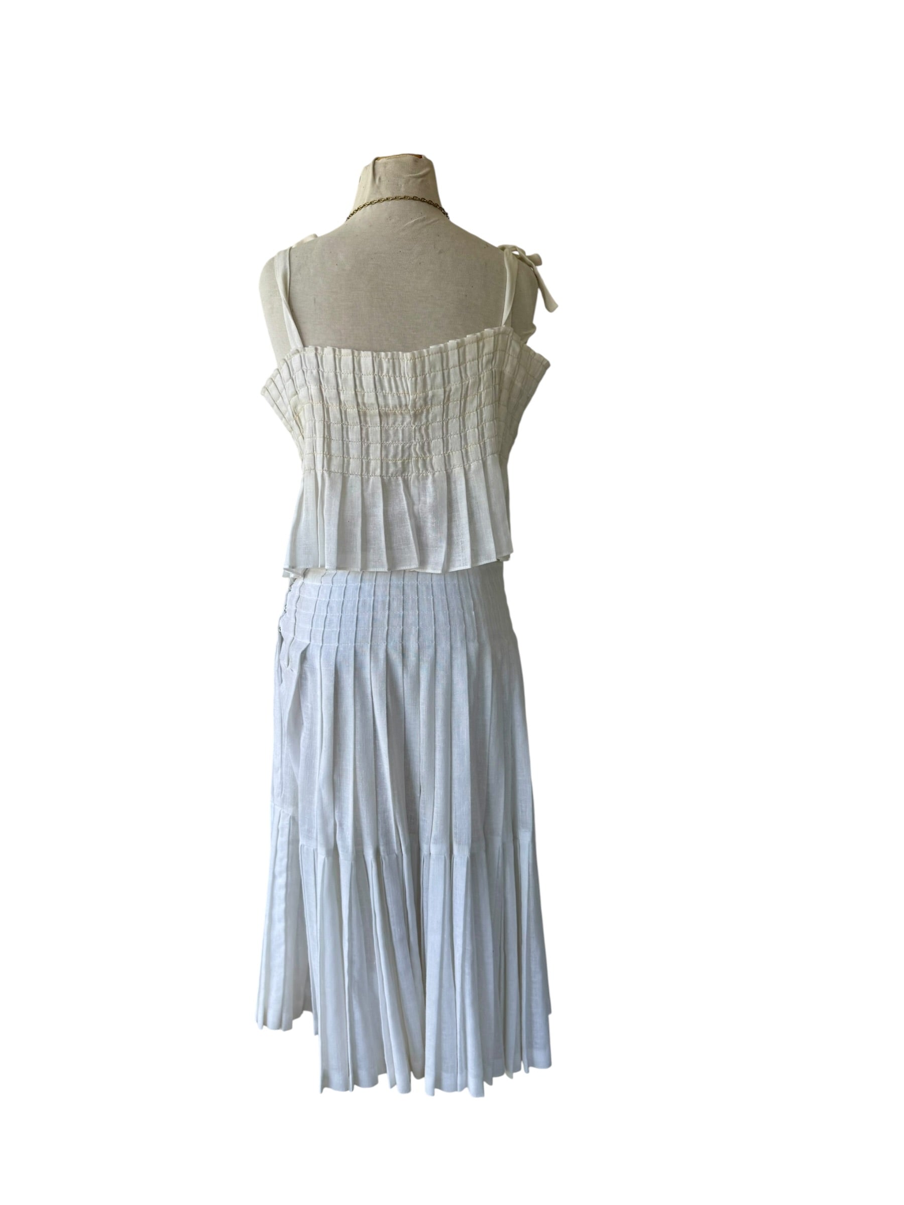 70s White Gauze Pleated Skirt Set