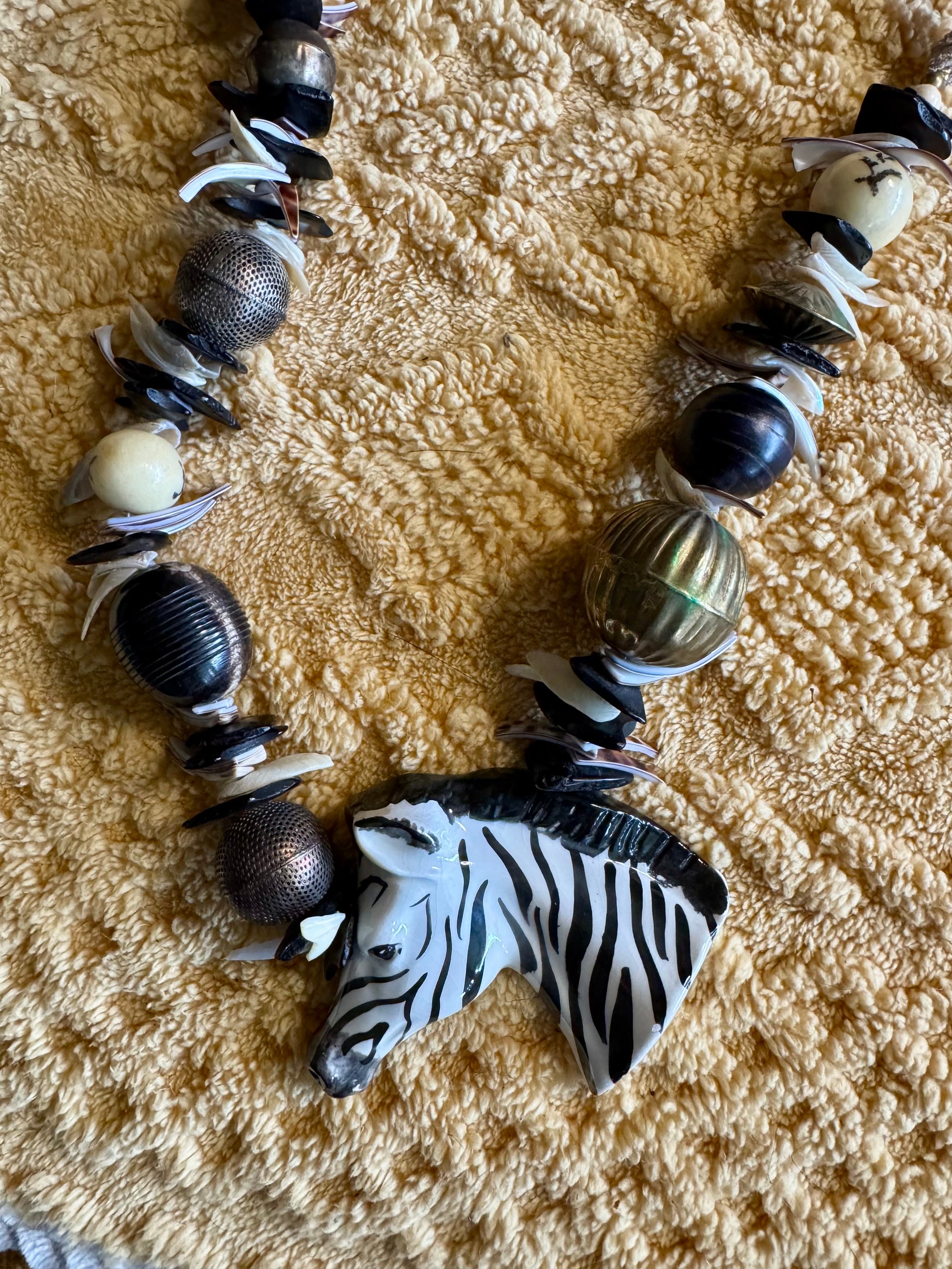 80s Ceramic Zebra Beaded Statement Belt Or Necklace