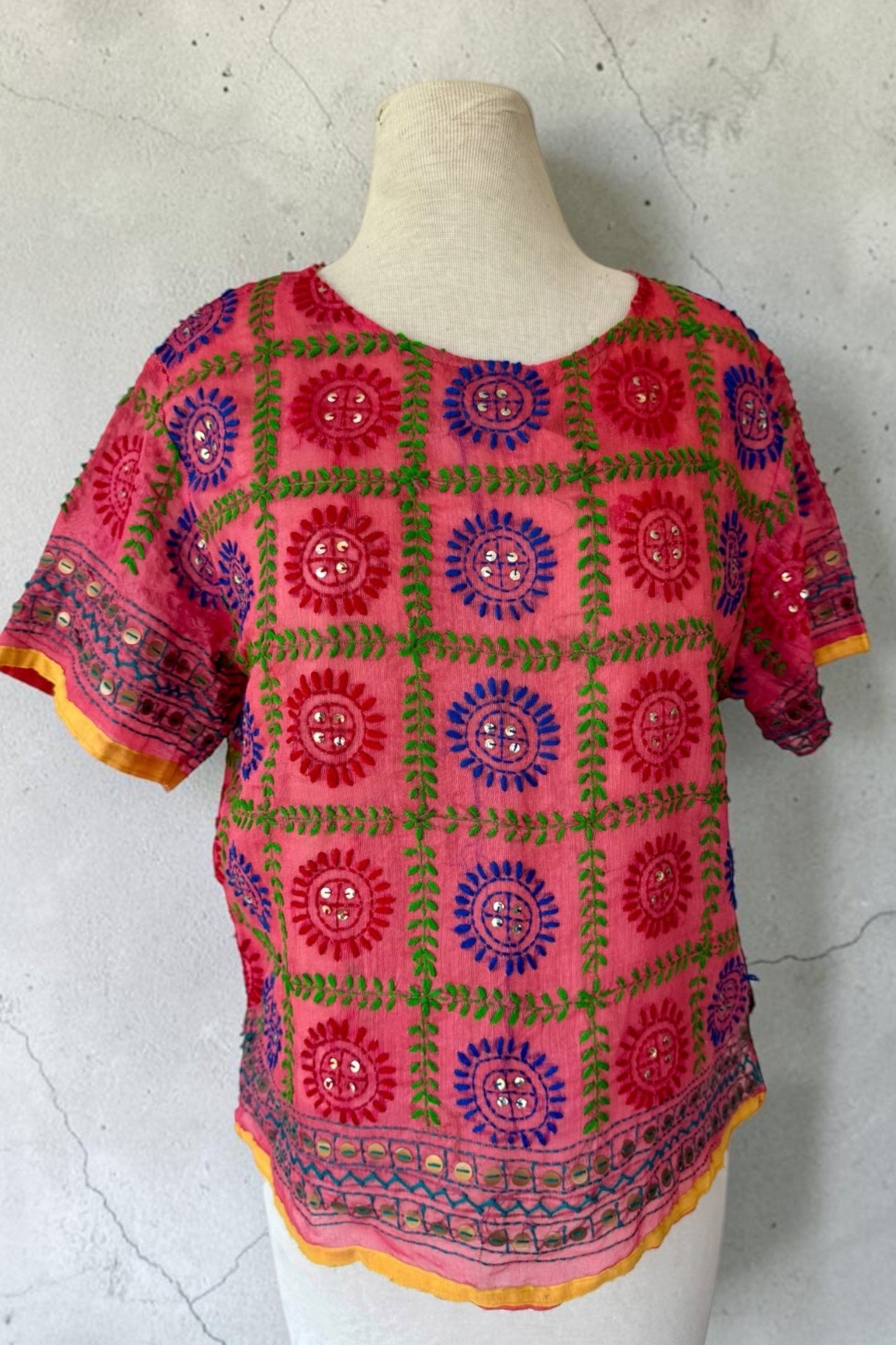 Kutch Embroidered Mirror Work Pink Multi Tunic Gujarat India Keyhole