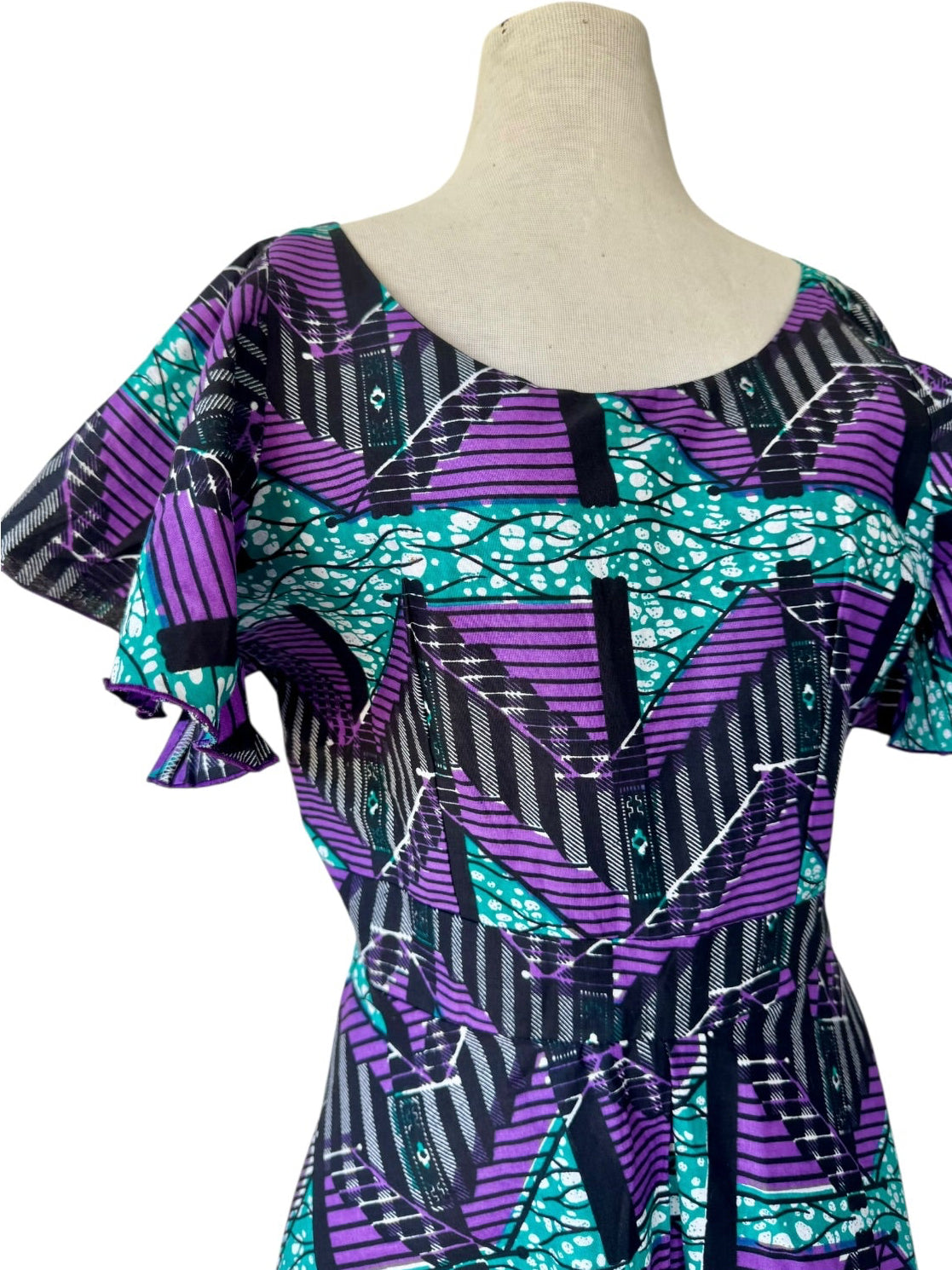 Ankara Wax Print Teal Purple Flounce Dress Handmade New