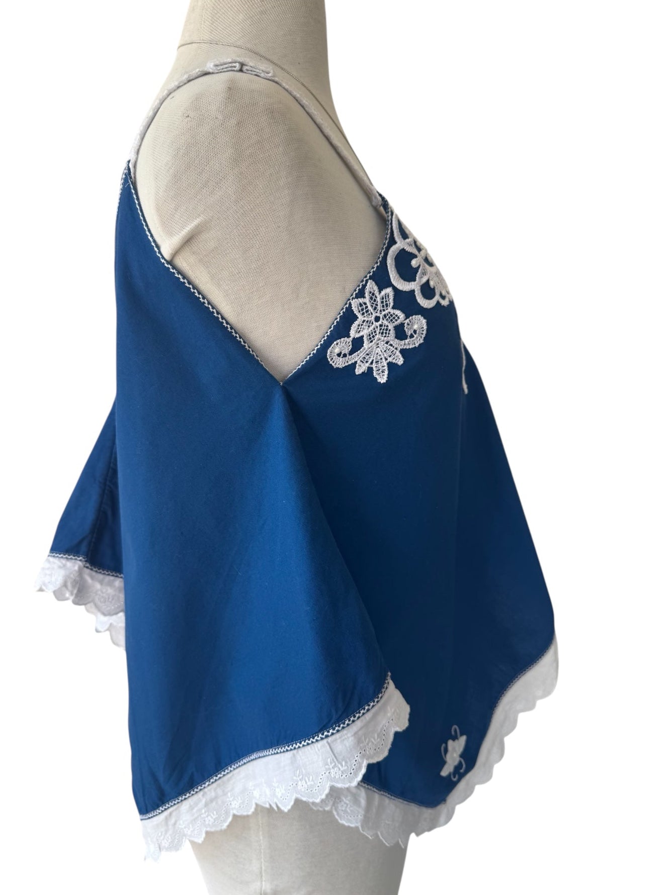 70s Blue Embroidered Floral Beaded Crochet Tank
