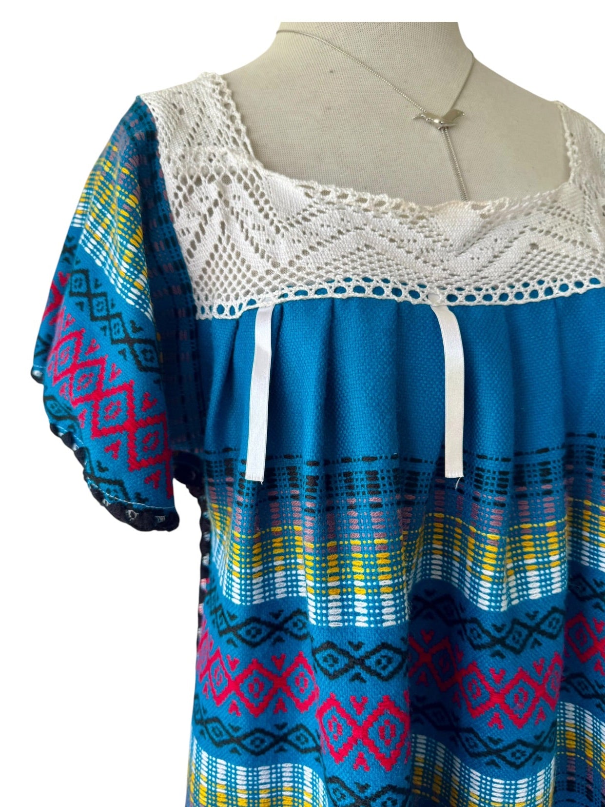 70s Ecuadorian Blue Embroidered Blanket Peasant Dress Caftan