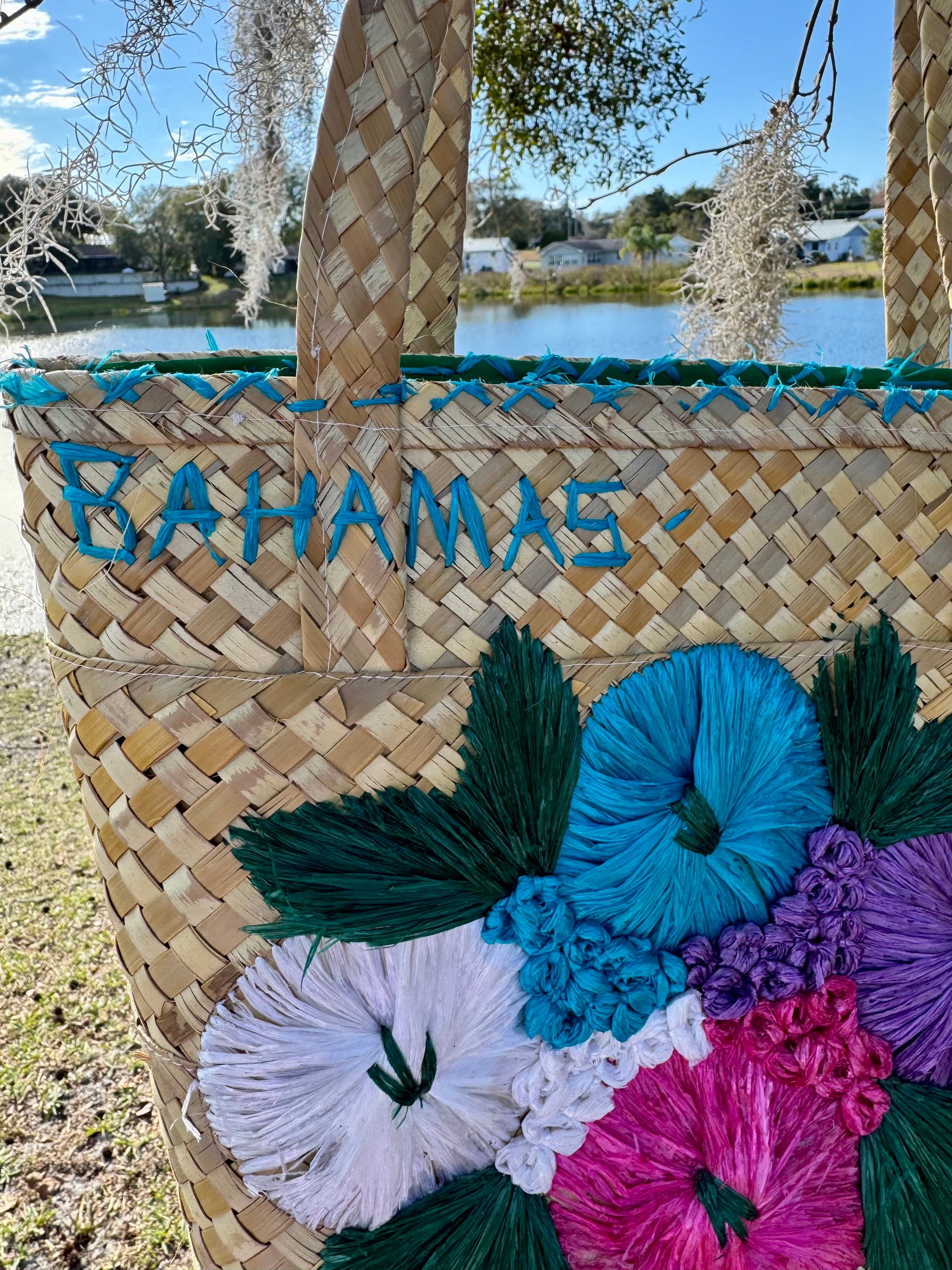 70s Bahamas Floral Straw Beach Bag Raffia Tote *As Is*