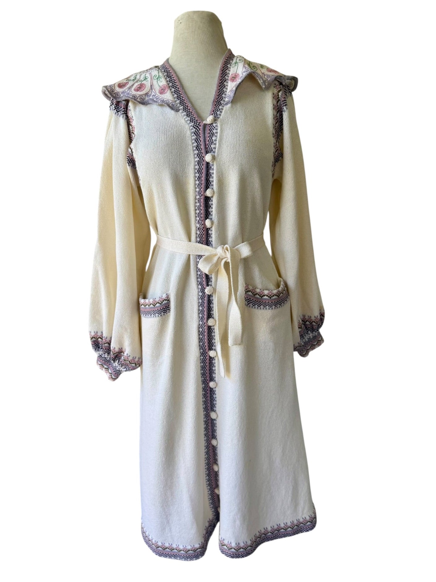 80s Lillie Rubin Santana Knit Embroidered Floral Sweater Dress/ Robe As Is