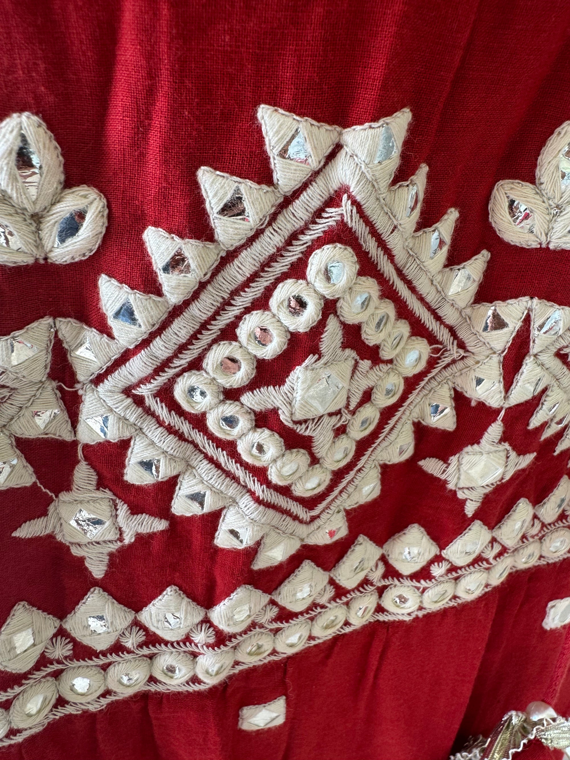 Red Embroidered Lehenga Mirror Work Indian Maxi Skirt Cotton