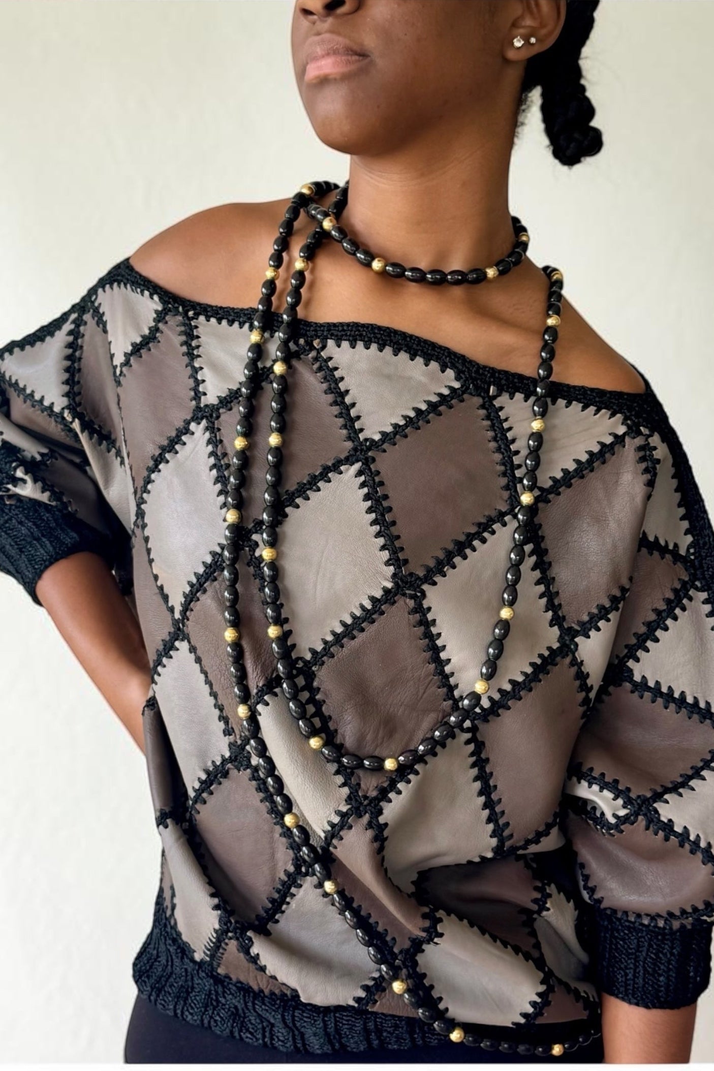 70s Patchwork Leather Crochet Harlequin Sweater Handmade 80s