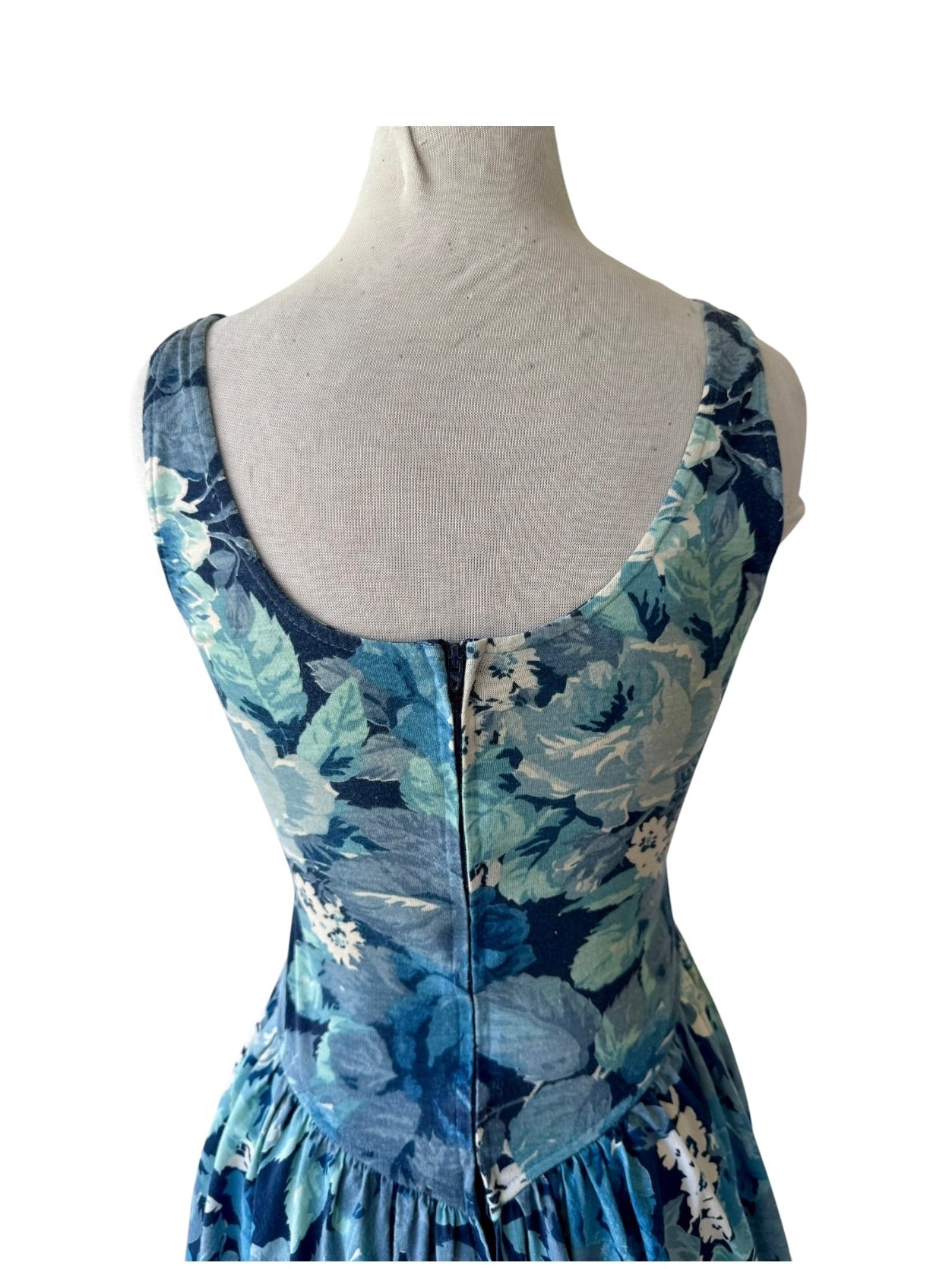90s Basic Editions Blue Floral Knit Yoke Waist Midi Dress