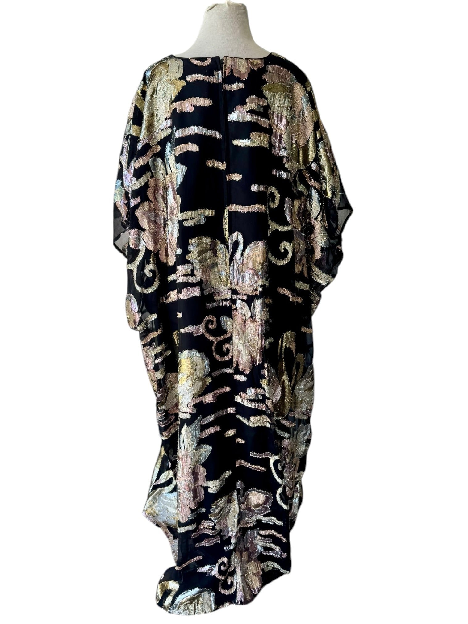 70s David Brown Swan Metallic Kaftan Maxi Dress