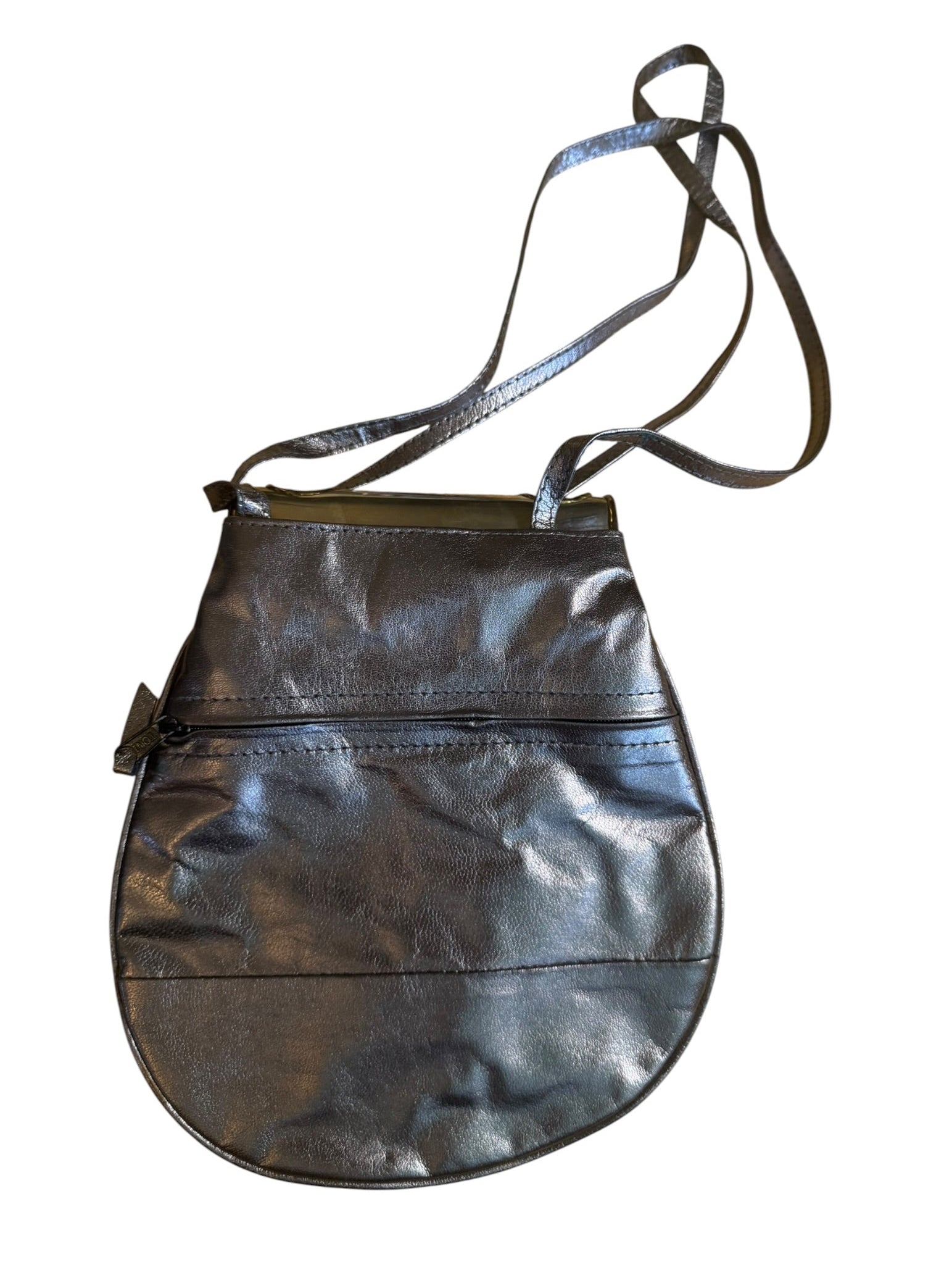 70s Brutalist Sculptural Brass Fish Pewter Gemstone Leather Crossbody Bag