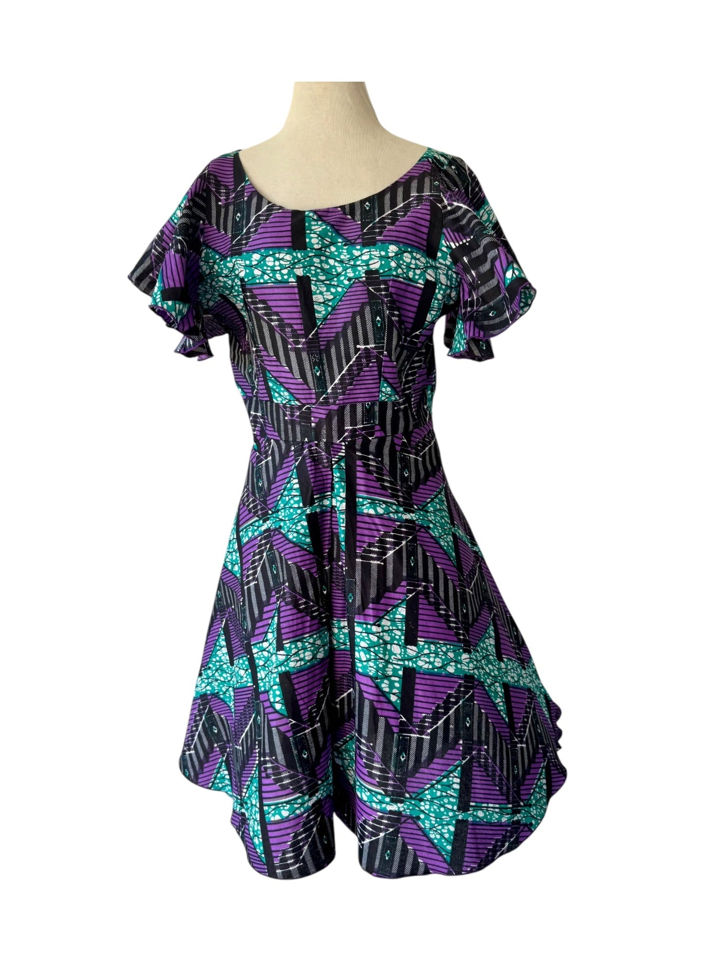 Ankara Wax Print Teal Purple Flounce Dress Handmade New