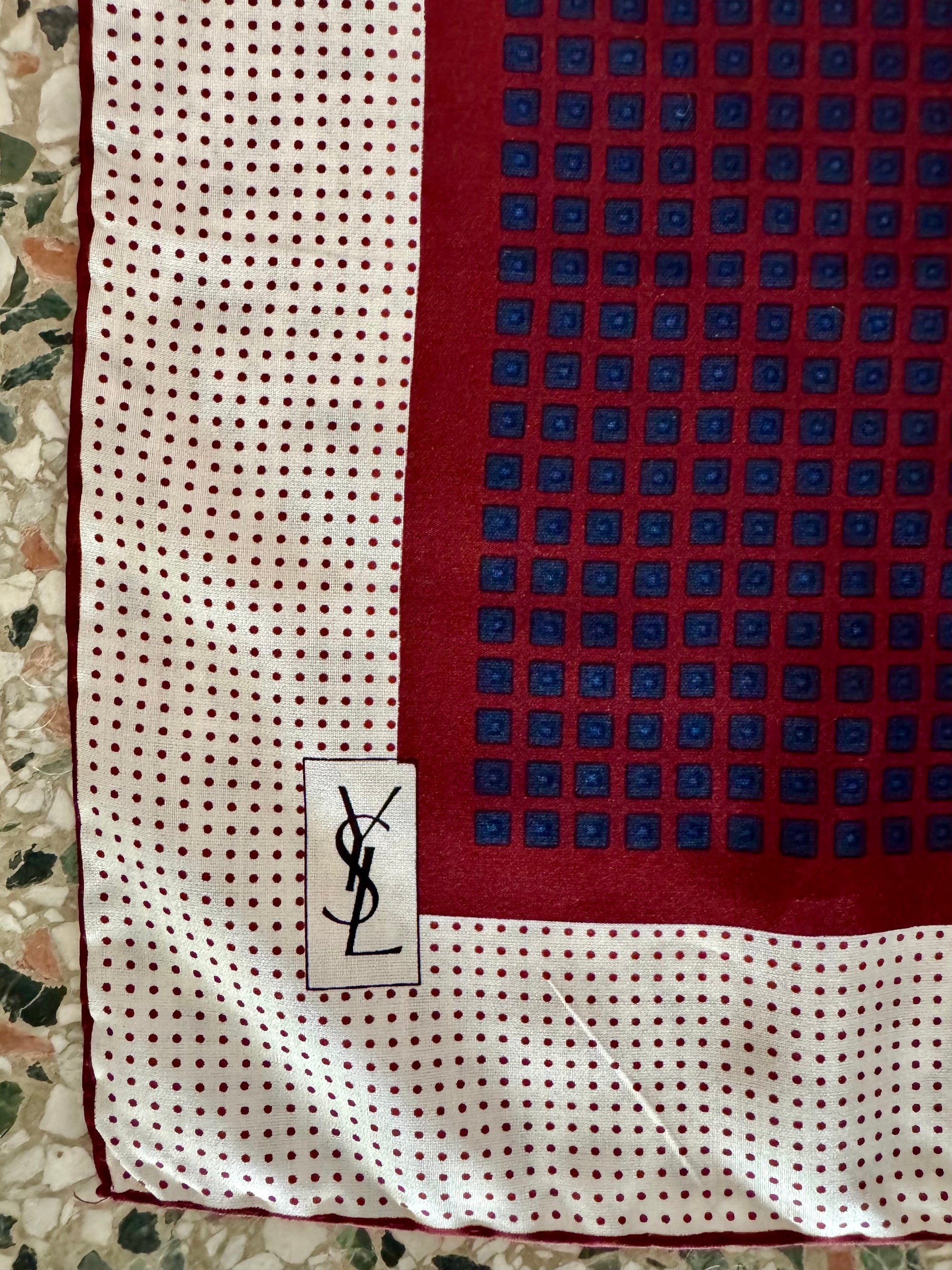 80s YSL Red Print Silk Scarf Logo Deadstock 27” Yves Saint Laurent