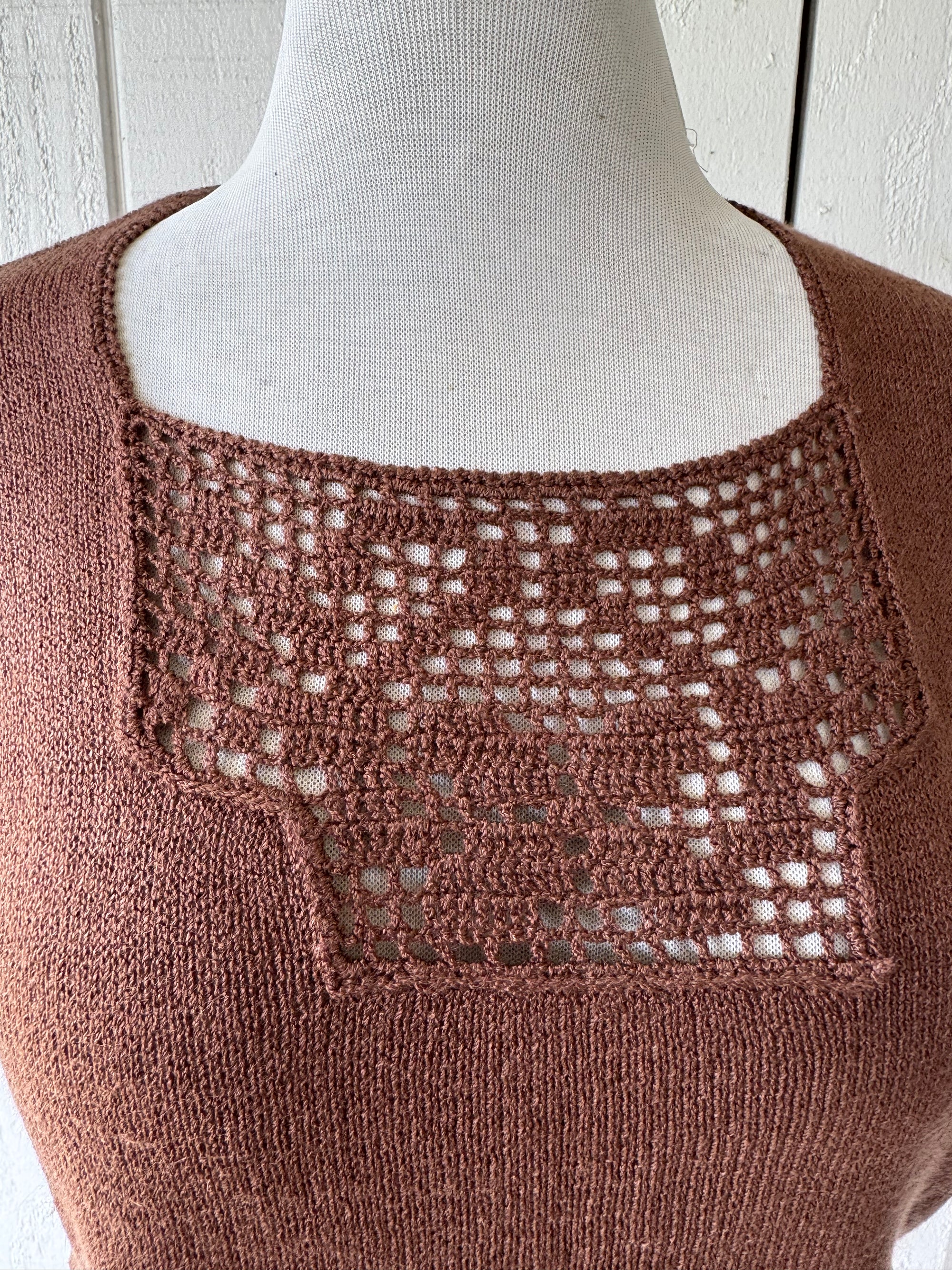 80s Campus Casuals Brown Knit Crochet Sweater