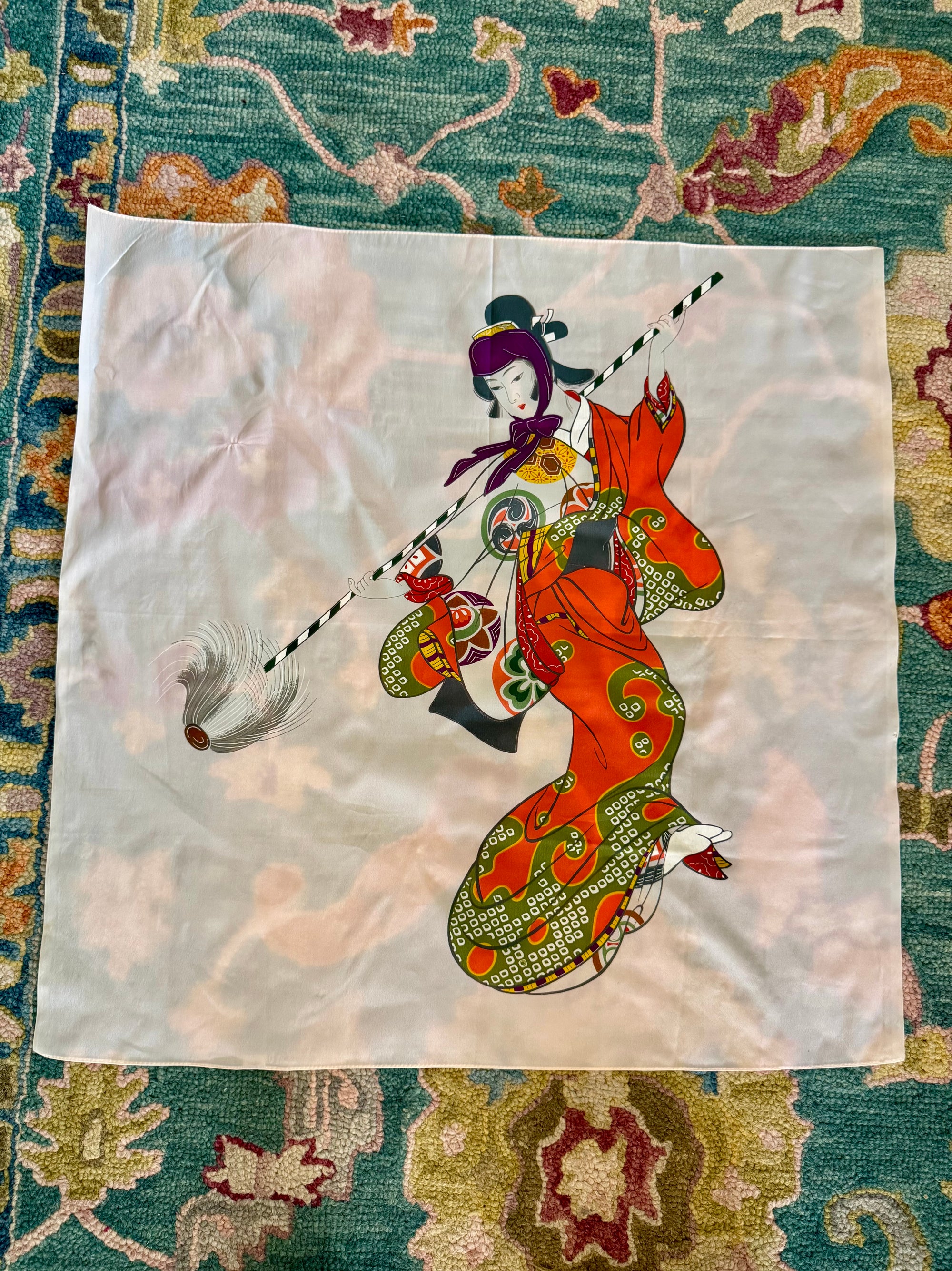 70s Japanese Pink Geisha in Red Kimono Scarf 80s