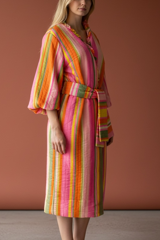 60s Jettecette Pink Stripe Quilted Robe Duster 70s