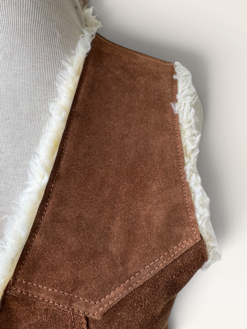 80s Brown Suede Vest Faux Shearling Lined Boho Cowboy