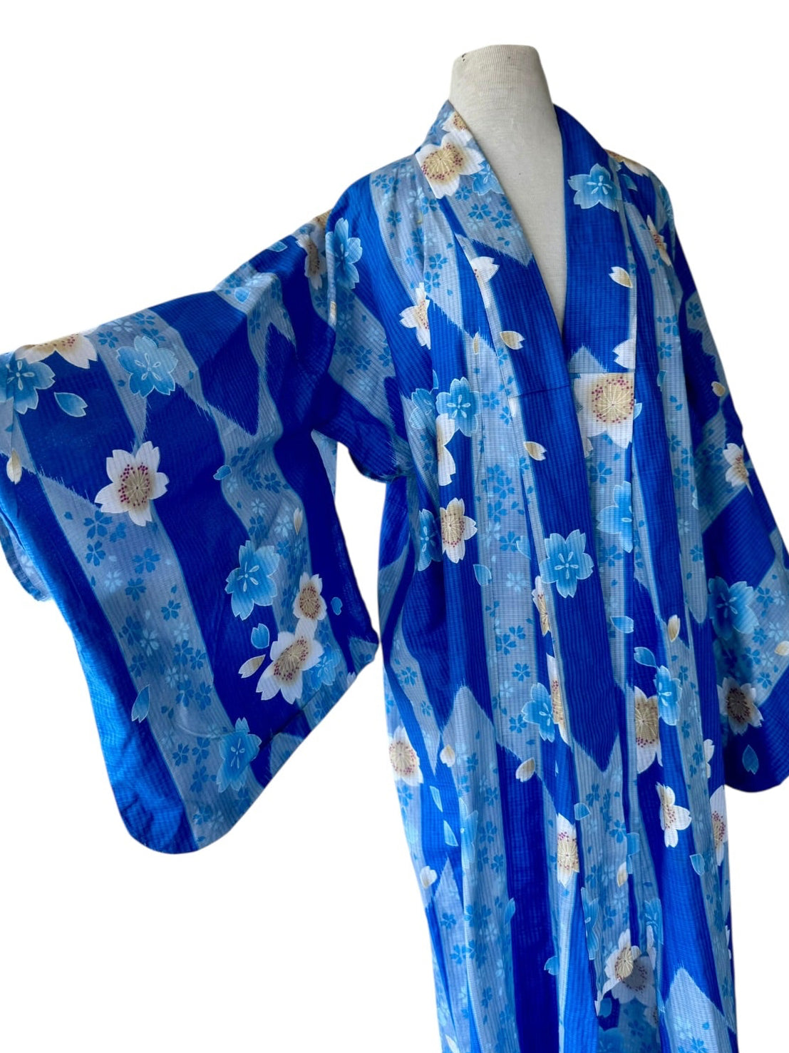 70s Cherry Blossom Kimono Robe Blue Floral Yukata