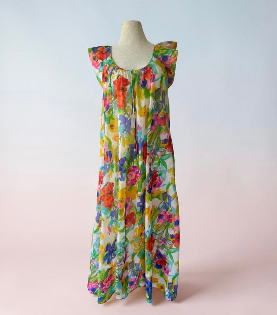 70s Mod Psychedelic Floral Sheer Night Gown Maxi Dress