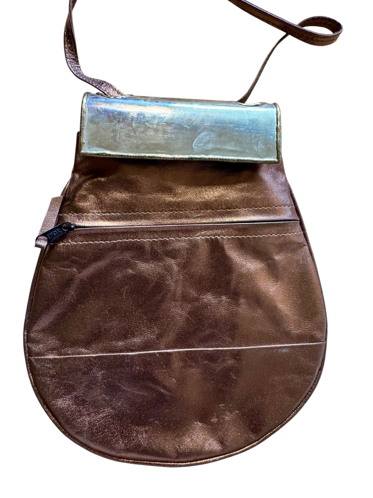 70s Brutalist Sculptural Brass Copper Pewter Gemstone Leather Crossbody Bag